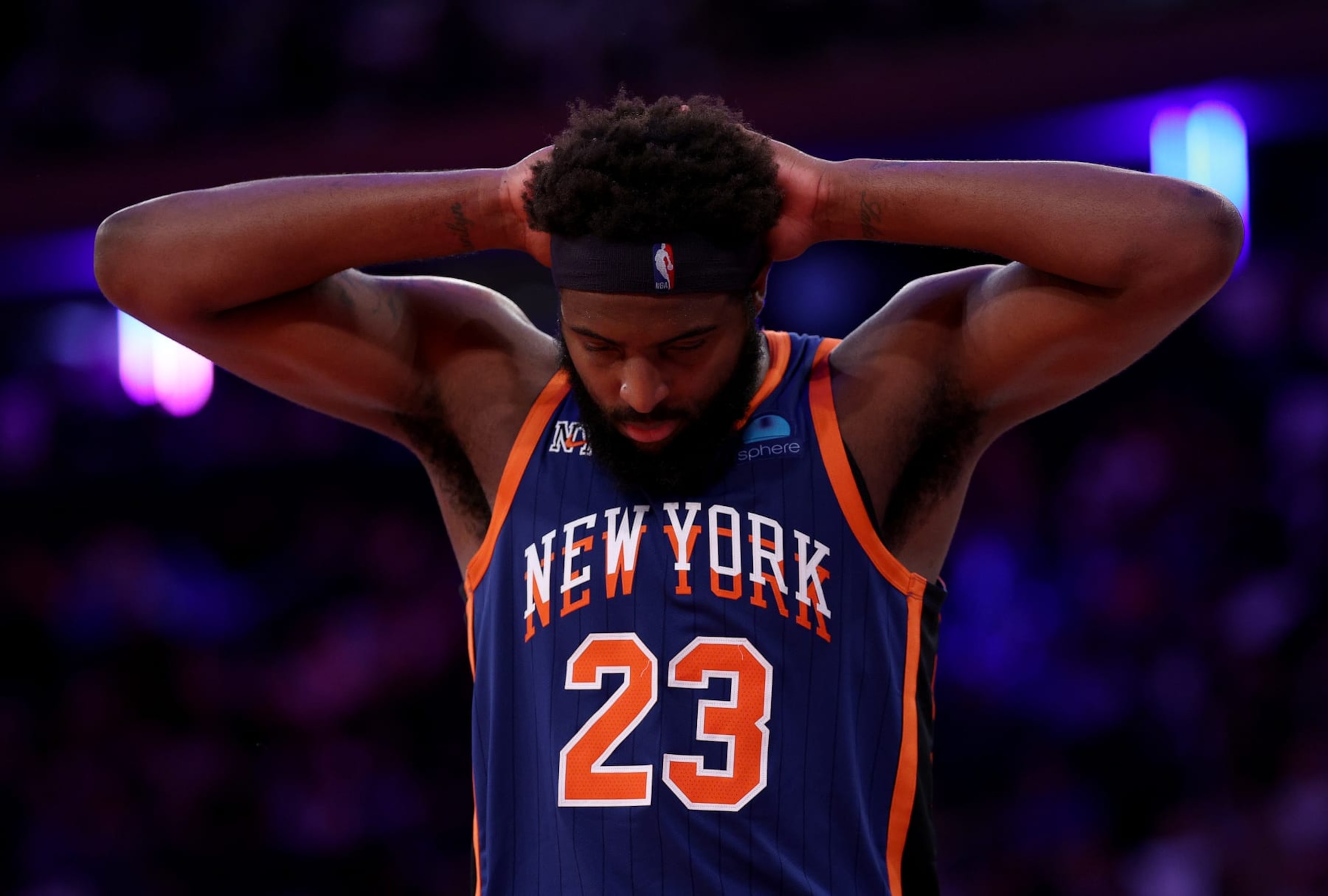 NEW YORK, NEW YORK - NOVEMBER 28:  Mitchell Robinson #23 of the New York Knicks reacts during the second half of an NBA In-Season Tournament game against the Charlotte Hornets at Madison Square Garden on November 28, 2023 in New York City. The New York Knicks defeated the Charlotte Hornets 115-91.NOTE TO USER: User expressly acknowledges and agrees that, by downloading and or using this photograph, User is consenting to the terms and conditions of the Getty Images License Agreement. (Photo by Elsa/Getty Images)