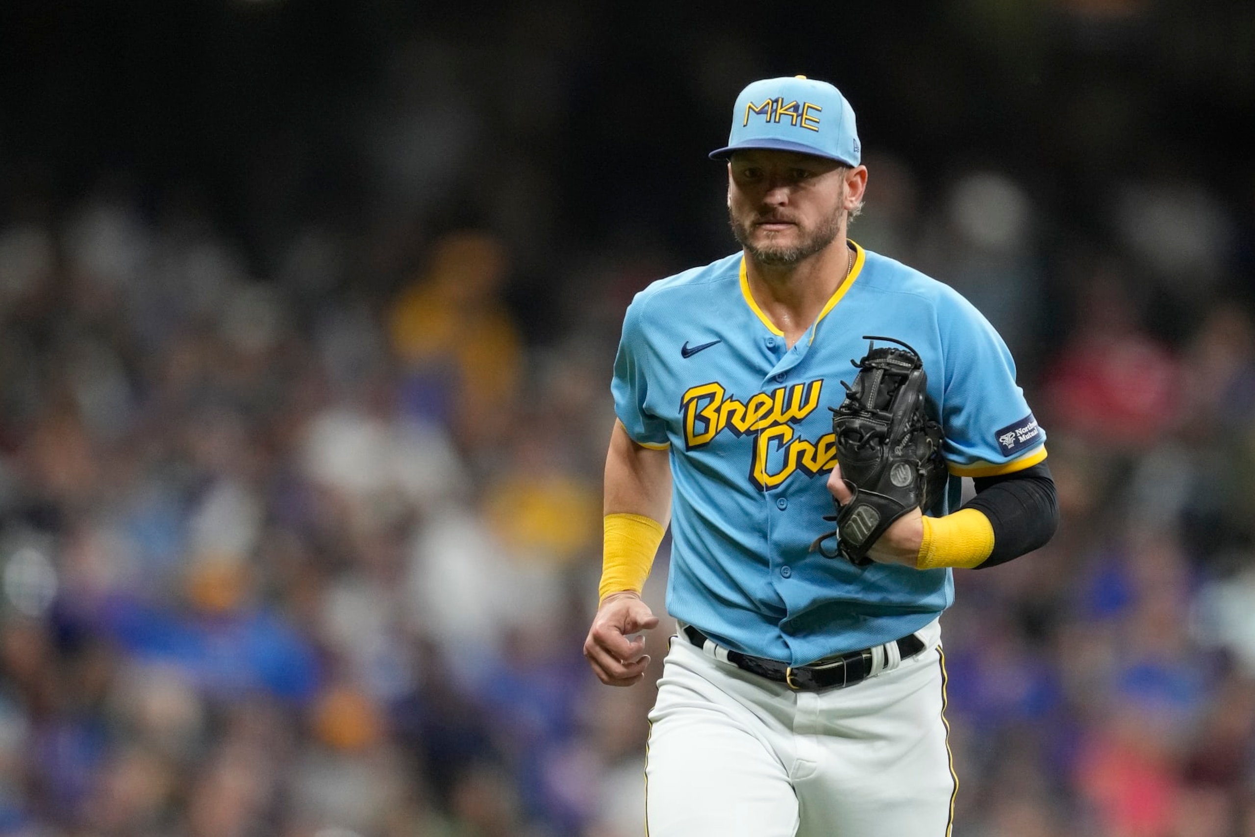 MILWAUKEE, WISCONSIN - SEPTEMBER 29: Josh Donaldson #3 of the Milwaukee Brewers runs back to the dugout after the top of the fifth inning against the Chicago Cubs at American Family Field on September 29, 2023 in Milwaukee, Wisconsin. (Photo by Patrick McDermott/Getty Images)