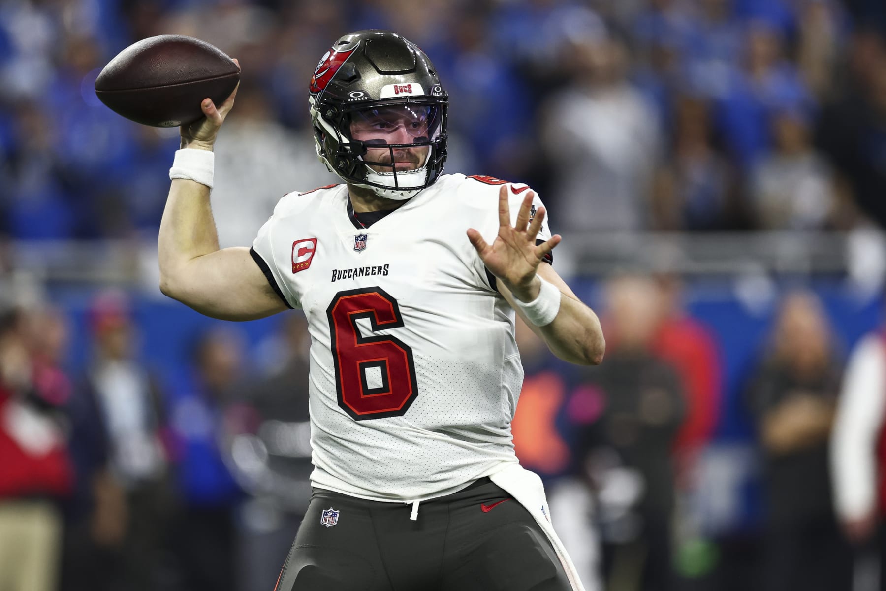 DETROIT, MI - JANUARY 21: Baker Mayfield #6 of the Tampa Bay Buccaneers throws a pass during the second quarter of an NFL divisional round playoff football game against the Detroit Lions at Ford Field on January 21, 2024 in Detroit, Michigan. (Photo by Kevin Sabitus/Getty Images)