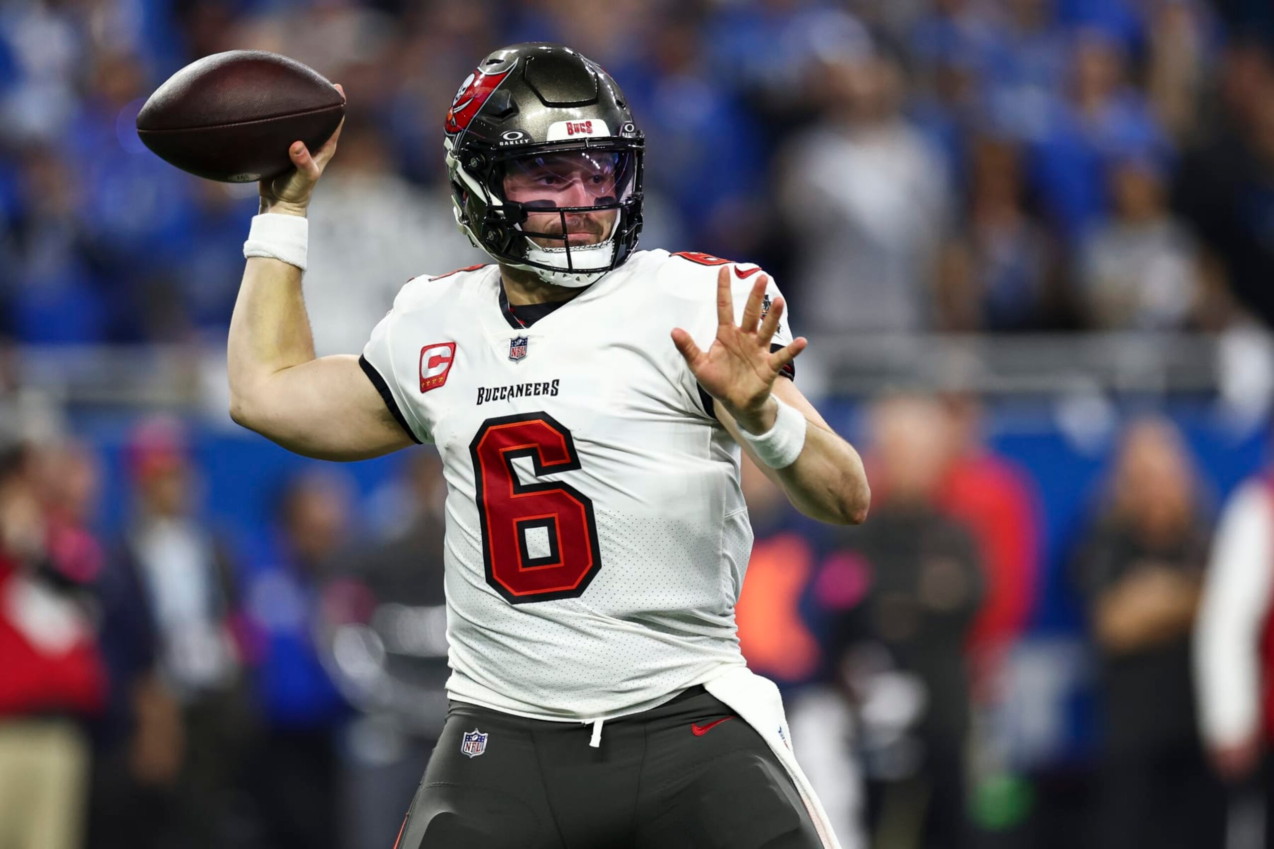 DETROIT, MI - JANUARY 21: Baker Mayfield #6 of the Tampa Bay Buccaneers throws a pass during the second quarter of an NFL divisional round playoff football game against the Detroit Lions at Ford Field on January 21, 2024 in Detroit, Michigan. (Photo by Kevin Sabitus/Getty Images)