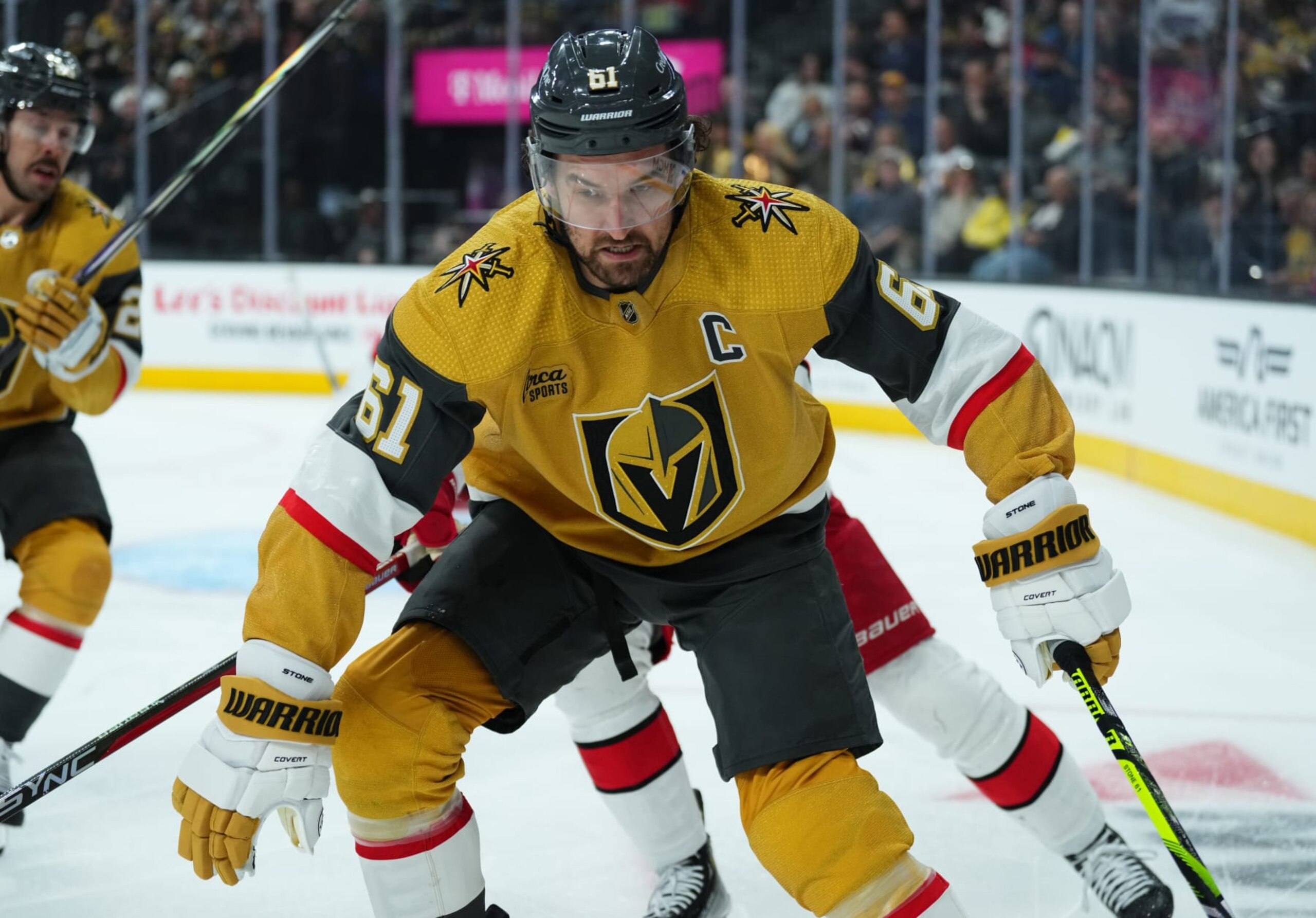 LAS VEGAS, NEVADA - FEBRUARY 17: Mark Stone #61 of the Vegas Golden Knights skates during the first period against the Carolina Hurricanes at T-Mobile Arena on February 17, 2024 in Las Vegas, Nevada. (Photo by Jeff Bottari/NHLI via Getty Images) LAS VEGAS, NEVADA - FEBRUARY 17: Mark Stone #61 of the Vegas Golden Knights skates during the first period against the Carolina Hurricanes at T-Mobile Arena on February 17, 2024 in Las Vegas, Nevada. (Photo by Jeff Bottari/NHLI via Getty Images)