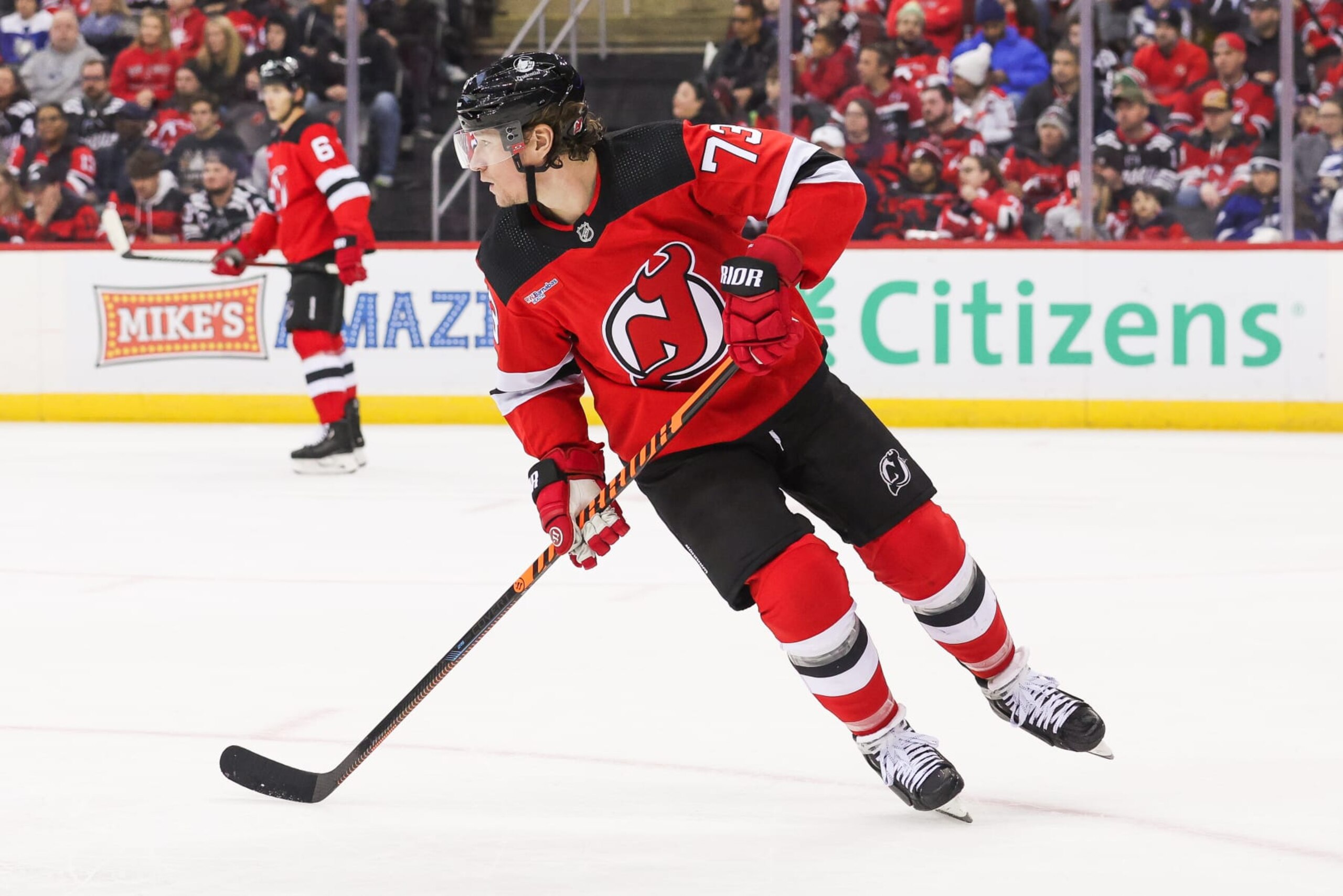 NEWARK, NJ - FEBRUARY 25: New Jersey Devils right wing Tyler Toffoli (73) skates during a game between the against the against the Tampa Bay Lightning and New Jersey Devils on February 25, 2024 at Prudential Center in the Newark, New Jersey. (Photo by Andrew Mordzynski/Icon Sportswire via Getty Images) NEWARK, NJ - FEBRUARY 25: New Jersey Devils right wing Tyler Toffoli (73) skates during a game between the against the against the Tampa Bay Lightning and New Jersey Devils on February 25, 2024 at Prudential Center in the Newark, New Jersey. (Photo by Andrew Mordzynski/Icon Sportswire via Getty Images)