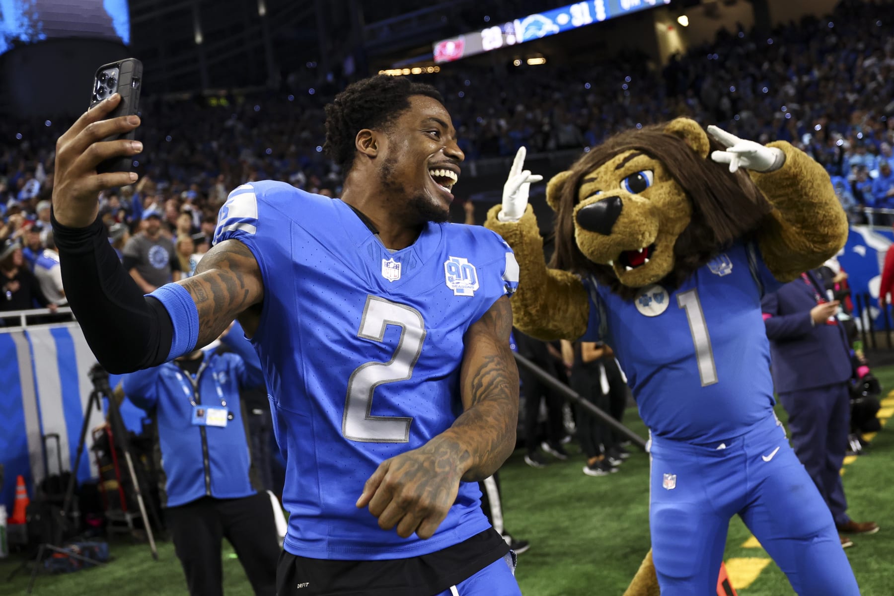 DETROIT, MI - JANUARY 21: C.J. Gardner-Johnson #2 of the Detroit Lions celebrates after an NFL divisional round playoff football game against the Tampa Bay Buccaneers at Ford Field on January 21, 2024 in Detroit, Michigan. (Photo by Kevin Sabitus/Getty Images)