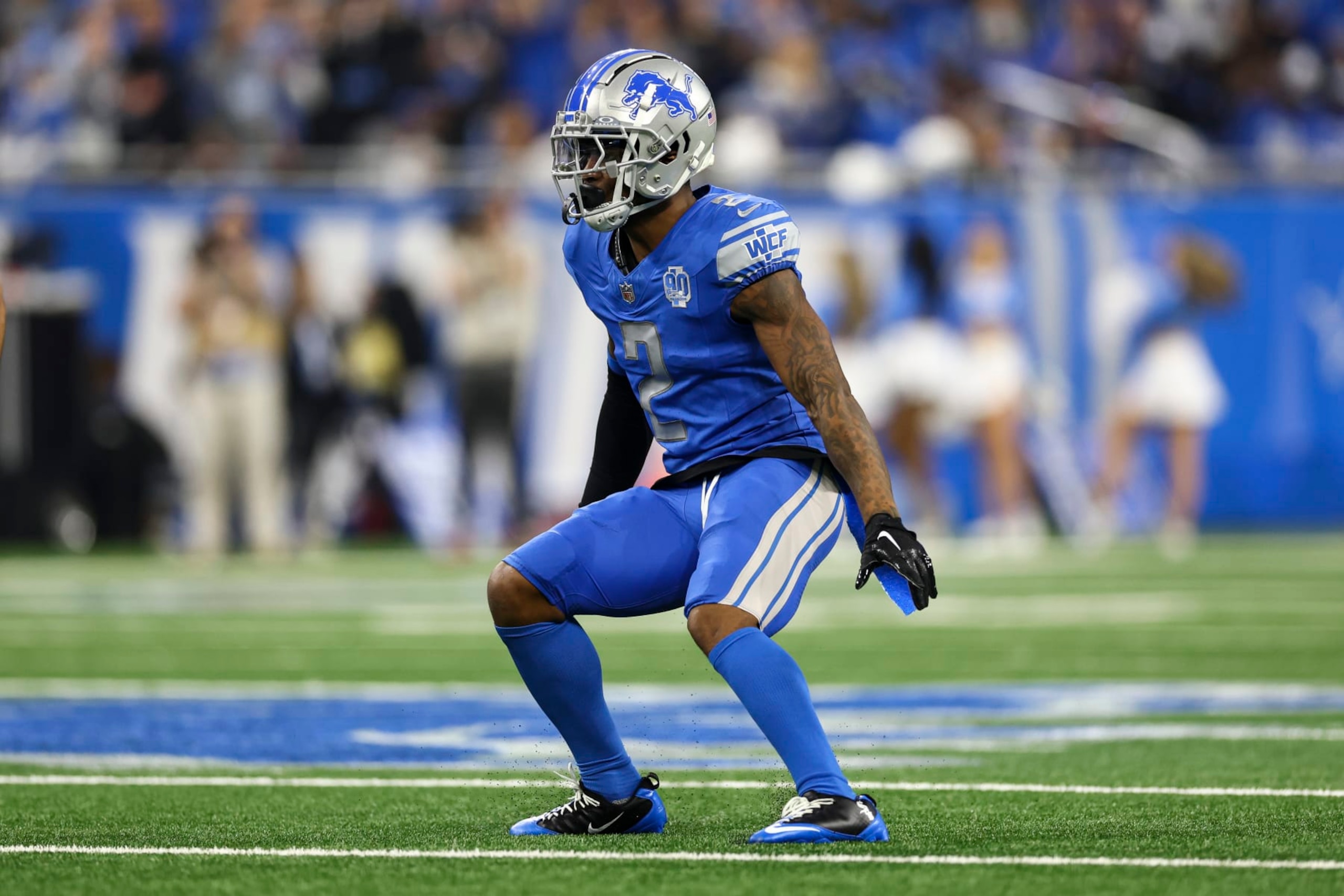 DETROIT, MI - JANUARY 21: C.J. Gardner-Johnson #2 of the Detroit Lions defends in pass coverage during an NFL divisional round playoff football game against the Tampa Bay Buccaneers at Ford Field on January 21, 2024 in Detroit, Michigan. (Photo by Kevin Sabitus/Getty Images) DETROIT, MI - JANUARY 21: C.J. Gardner-Johnson #2 of the Detroit Lions defends in pass coverage during an NFL divisional round playoff football game against the Tampa Bay Buccaneers at Ford Field on January 21, 2024 in Detroit, Michigan. (Photo by Kevin Sabitus/Getty Images)