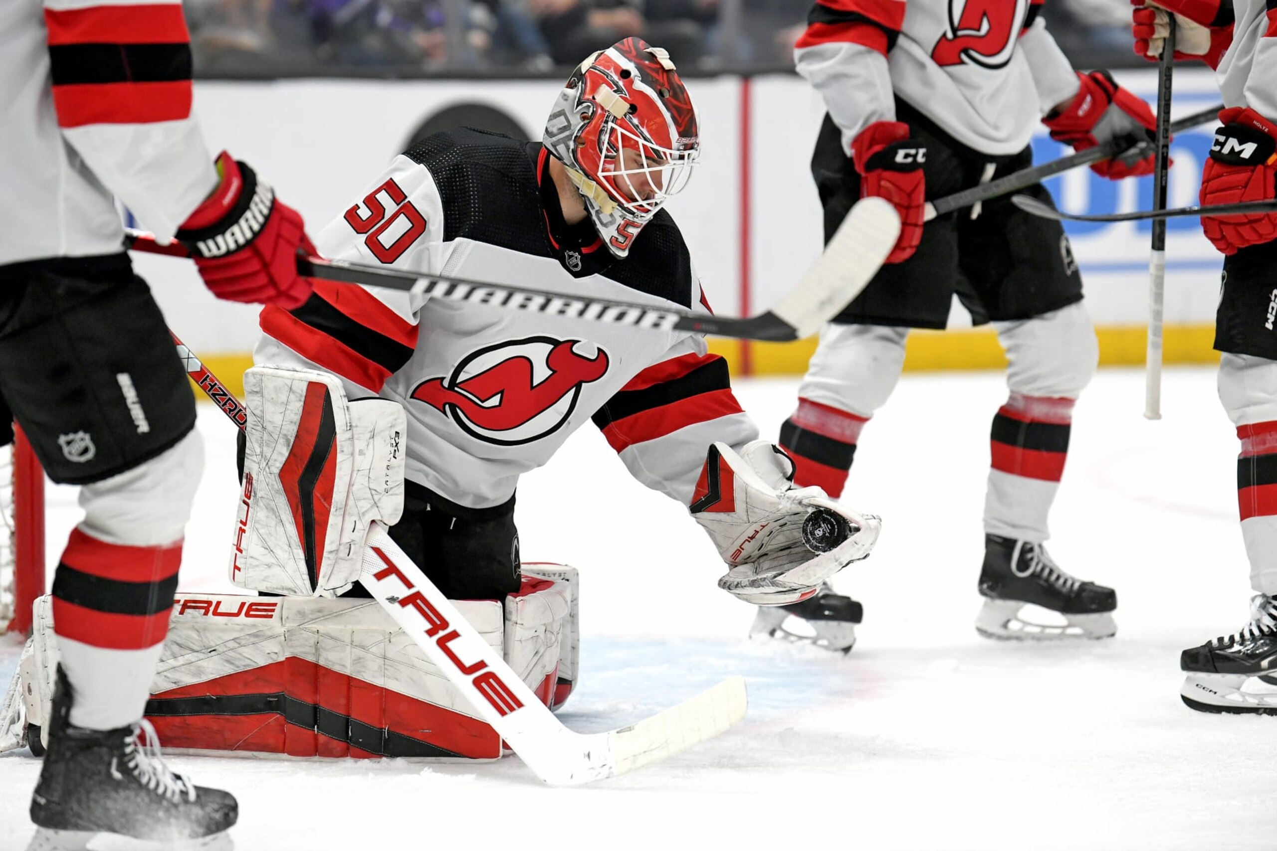 LOS ANGELES, CA - MARCH 03: New Jersey Devils Goalie Nico Daws (50) makes a save during a game between the New Jersey Devil and the Los Angeles Kings on March 3rd, 2024 at the Crypto.com Arena in Los Angeles, CA. (Photo by Rob Curtis/Icon Sportswire via Getty Images) LOS ANGELES, CA - MARCH 03: New Jersey Devils Goalie Nico Daws (50) makes a save during a game between the New Jersey Devil and the Los Angeles Kings on March 3rd, 2024 at the Crypto.com Arena in Los Angeles, CA. (Photo by Rob Curtis/Icon Sportswire via Getty Images)