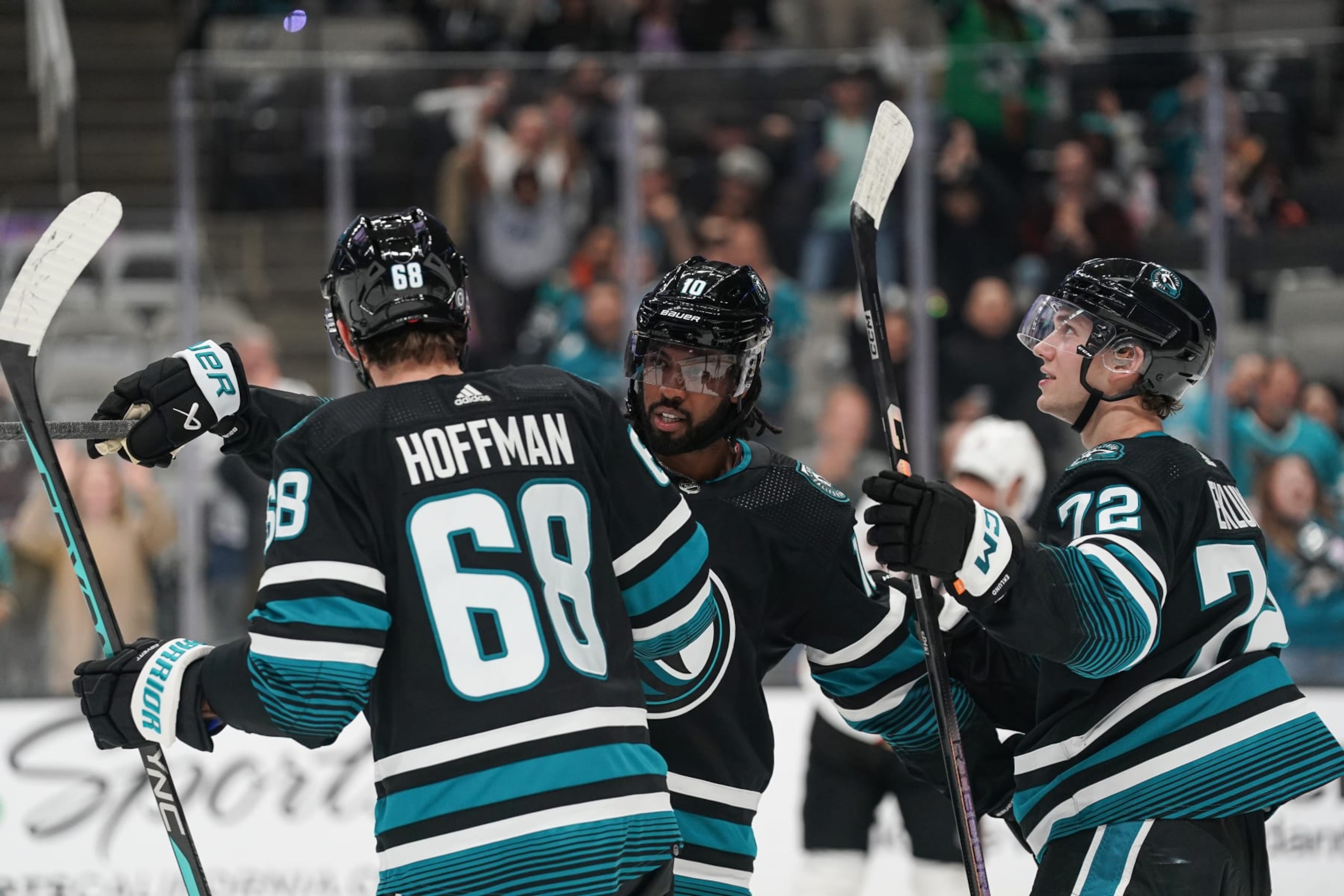 SAN JOSE, CA - FEBRUARY 29: Mike Hoffman #68, Anthony Duclair #10 and William Eklund #72 of the San Jose celebrate scoring a goal against the Anaheim Ducks in the second period at SAP Center on February 29, 2024 in San Jose, California. (Photo by Kavin Mistry/NHLI via Getty Images) SAN JOSE, CA - FEBRUARY 29: Mike Hoffman #68, Anthony Duclair #10 and William Eklund #72 of the San Jose celebrate scoring a goal against the Anaheim Ducks in the second period at SAP Center on February 29, 2024 in San Jose, California. (Photo by Kavin Mistry/NHLI via Getty Images)