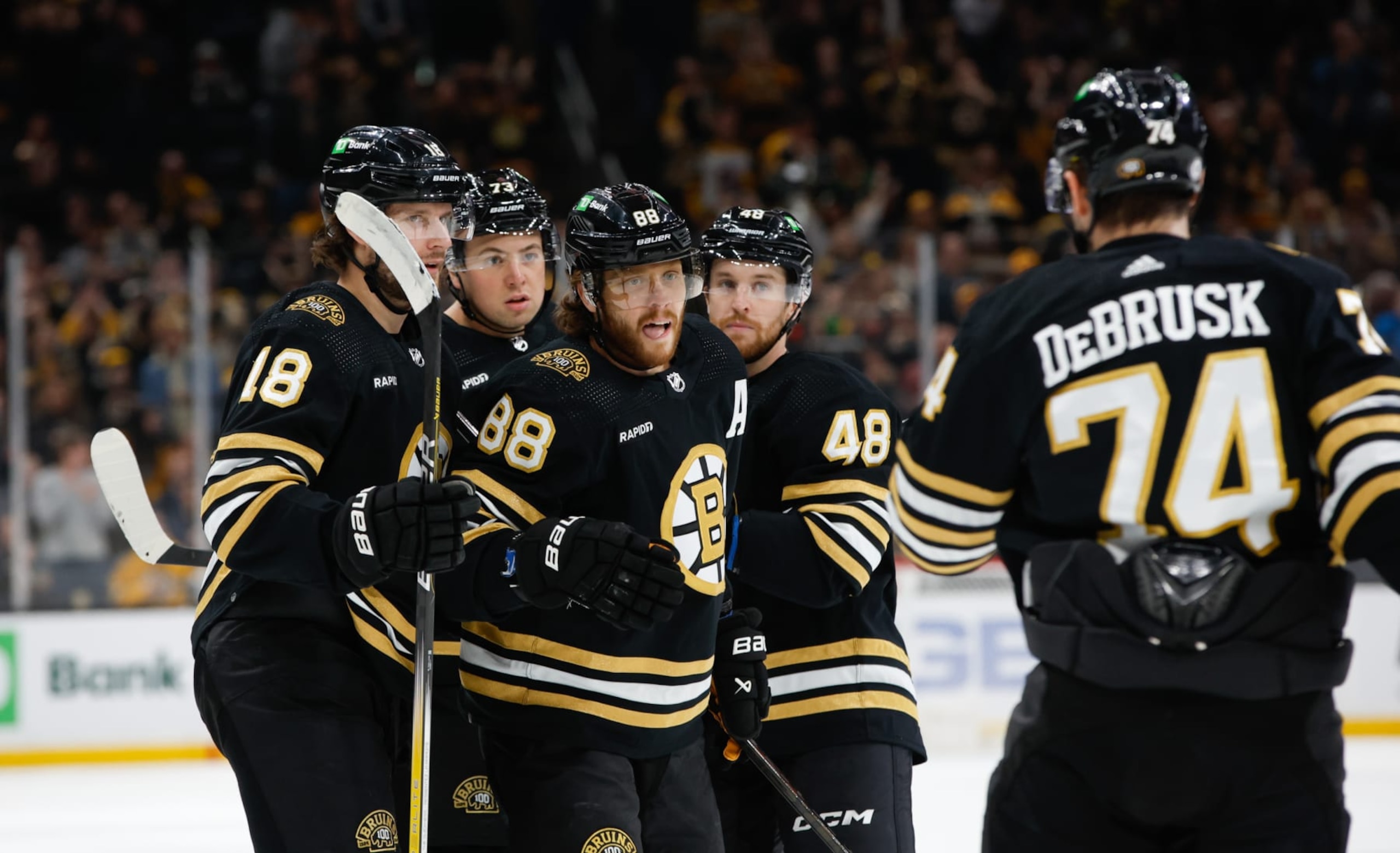 BOSTON, MASSACHUSETTS - FEBRUARY 17: David Pastrnak #88 of the Boston Bruins celebrates his goal against the Los Angeles Kings during the first period with teammates Jake DeBrusk #74, Charlie McAvoy #73, Matt Grzelcyk #48 and Pavel Zacha #18 which was eventually overturned a few moments later after video review, at the TD Garden on February 17, 2024 in Boston, Massachusetts. (Photo by Richard T Gagnon/Getty Images) BOSTON, MASSACHUSETTS - FEBRUARY 17: David Pastrnak #88 of the Boston Bruins celebrates his goal against the Los Angeles Kings during the first period with teammates Jake DeBrusk #74, Charlie McAvoy #73, Matt Grzelcyk #48 and Pavel Zacha #18 which was eventually overturned a few moments later after video review, at the TD Garden on February 17, 2024 in Boston, Massachusetts. (Photo by Richard T Gagnon/Getty Images)