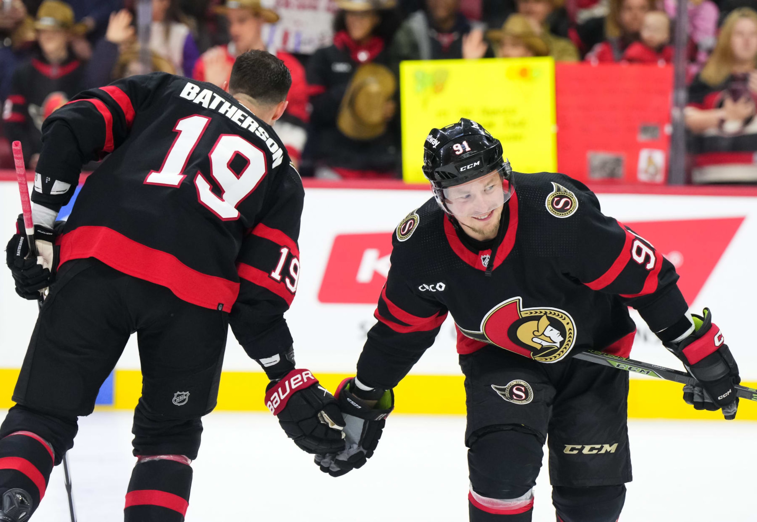 OTTAWA, CANADA - MARCH 1: Drake Batherson #19 and Vladimir Tarasenko #91 of the Ottawa Senators high-five one another during warmup prior to a game against the Arizona Coyotes at Canadian Tire Centre on March 1, 2024 in Ottawa, Ontario, Canada. (Photo by Andrea Cardin/NHLI via Getty Images) OTTAWA, CANADA - MARCH 1: Drake Batherson #19 and Vladimir Tarasenko #91 of the Ottawa Senators high-five one another during warmup prior to a game against the Arizona Coyotes at Canadian Tire Centre on March 1, 2024 in Ottawa, Ontario, Canada. (Photo by Andrea Cardin/NHLI via Getty Images)