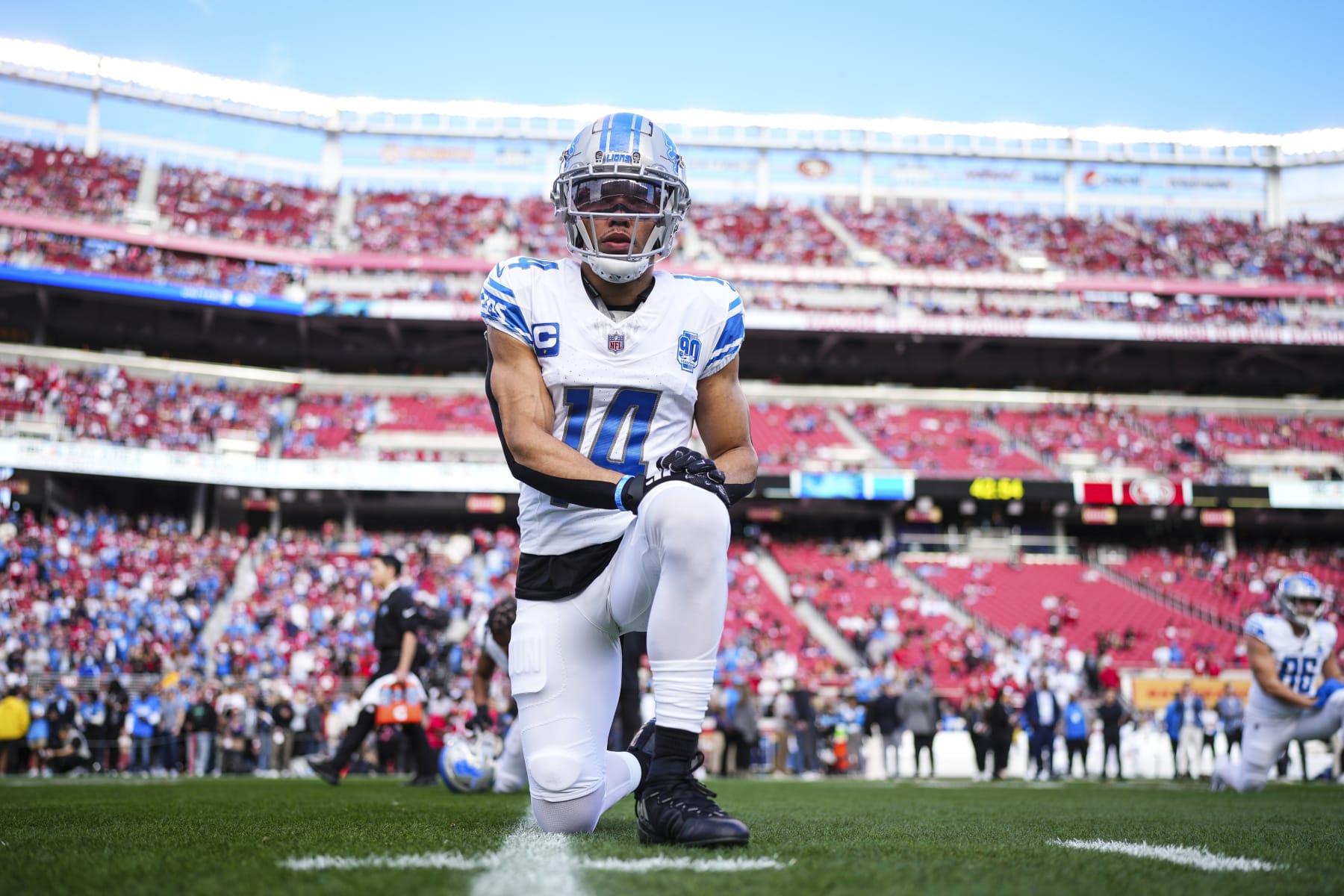 SANTA CLARA, CA - JANUARY 28: Amon-Ra St. Brown #14 of the Detroit Lions warms up prior to the NFC Championship NFL football game against the San Francisco 49ers at Levi's Stadium on January 28, 2024 in Santa Clara, California. (Photo by Cooper Neill/Getty Images)