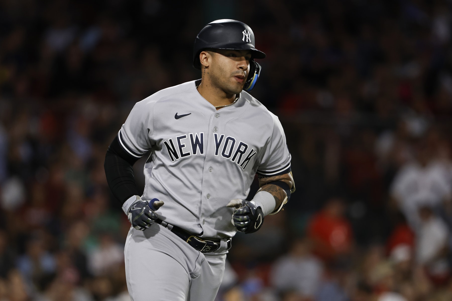 BOSTON, MA - SEPTEMBER 14: Gleyber Torres #25 of the New York Yankees runs out a hit against the Boston Red Sox during the second inning of game two of a doubleheader at Fenway Park on September 14, 2023 in Boston, Massachusetts. (Photo By Winslow Townson/Getty Images)