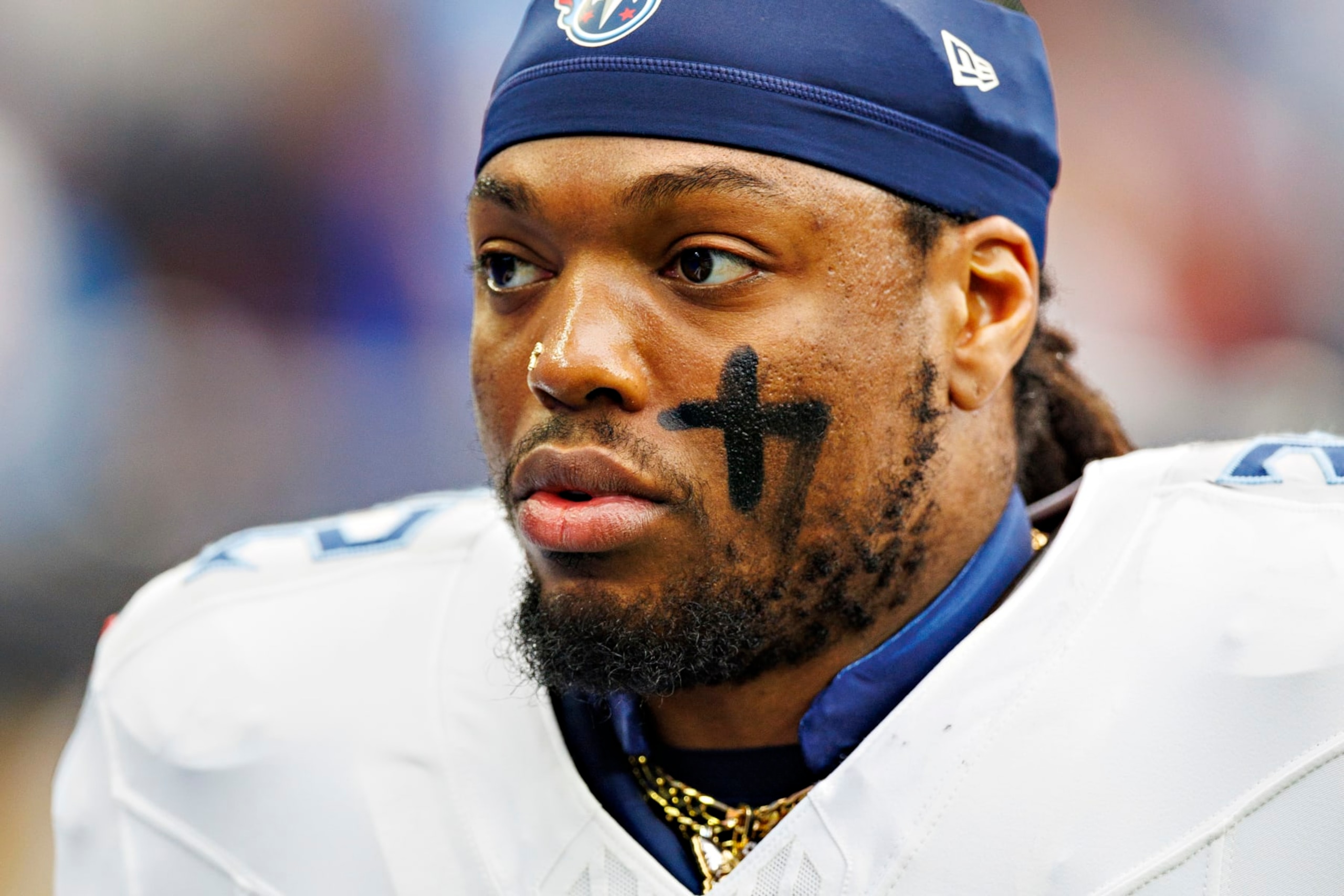 HOUSTON, TEXAS - DECEMBER 31: Derek Henry #22 of the Tennessee Titans on the sidelines during the game against the Houston Texans at NRG Stadium on December 31, 2023 in Houston, Texas. The Texans defeated the Titans 26-3.  (Photo by Wesley Hitt/Getty Images)