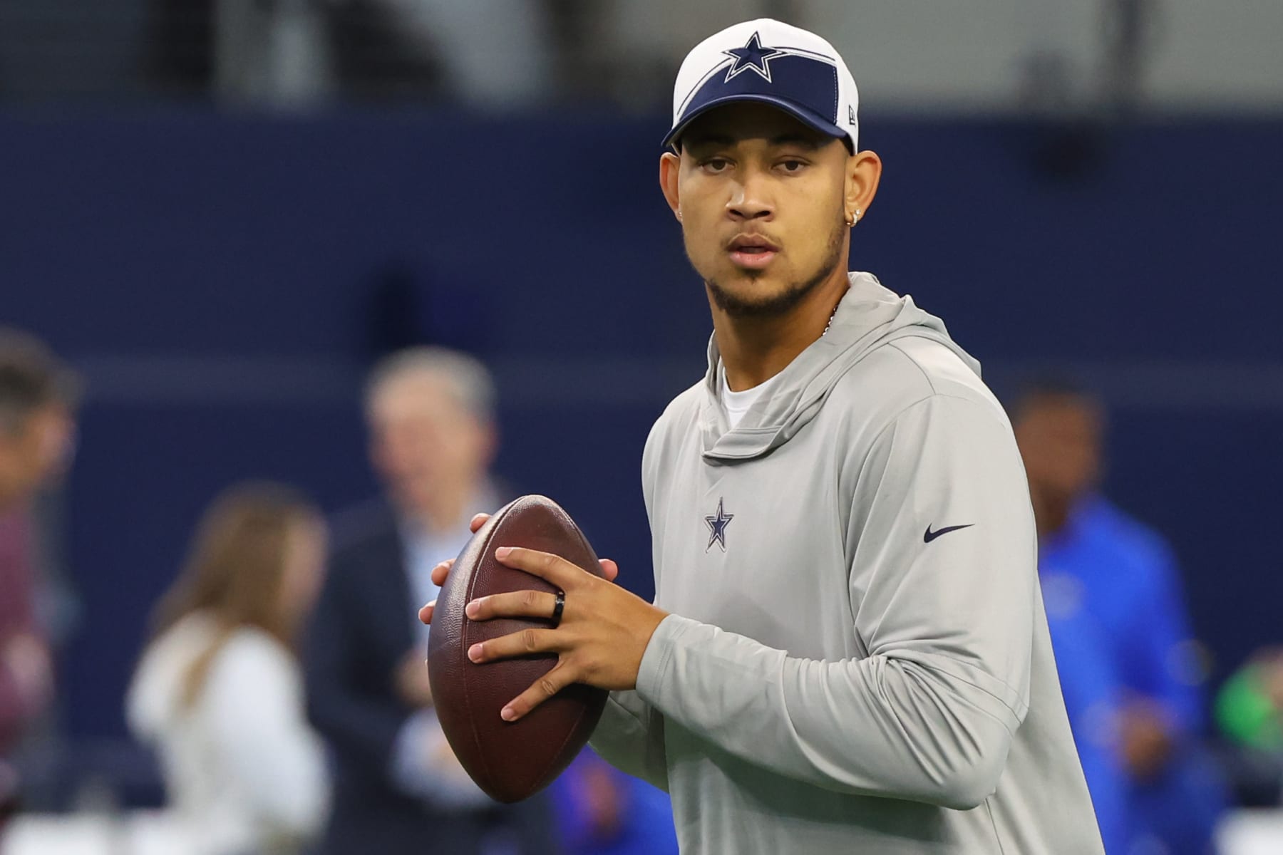 ARLINGTON, TEXAS - OCTOBER 29: Trey Lance #15 of the Dallas Cowboys warms up prior to a game against the Los Angeles Rams at AT&T Stadium on October 29, 2023 in Arlington, Texas. (Photo by Richard Rodriguez/Getty Images)