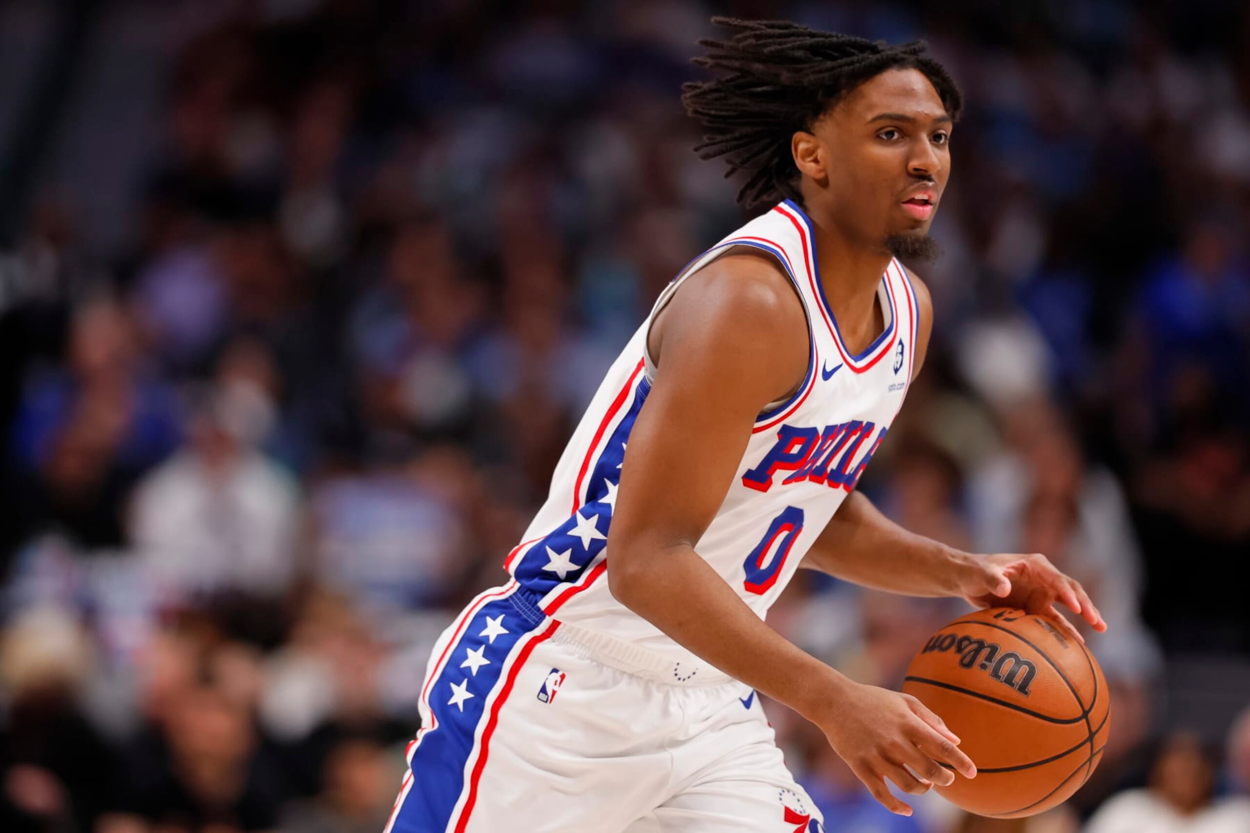 DALLAS, TEXAS - MARCH 03: Tyrese Maxey #0 of the Philadelphia 76ers controls the ball during the first half against the Dallas Mavericks at American Airlines Center on March 03, 2024 in Dallas, Texas. NOTE TO USER: User expressly acknowledges and agrees that, by downloading and or using this photograph, User is consenting to the terms and conditions of the Getty Images License Agreement. (Photo by Sam Hodde/Getty Images) DALLAS, TEXAS - MARCH 03: Tyrese Maxey #0 of the Philadelphia 76ers controls the ball during the first half against the Dallas Mavericks at American Airlines Center on March 03, 2024 in Dallas, Texas. NOTE TO USER: User expressly acknowledges and agrees that, by downloading and or using this photograph, User is consenting to the terms and conditions of the Getty Images License Agreement. (Photo by Sam Hodde/Getty Images)