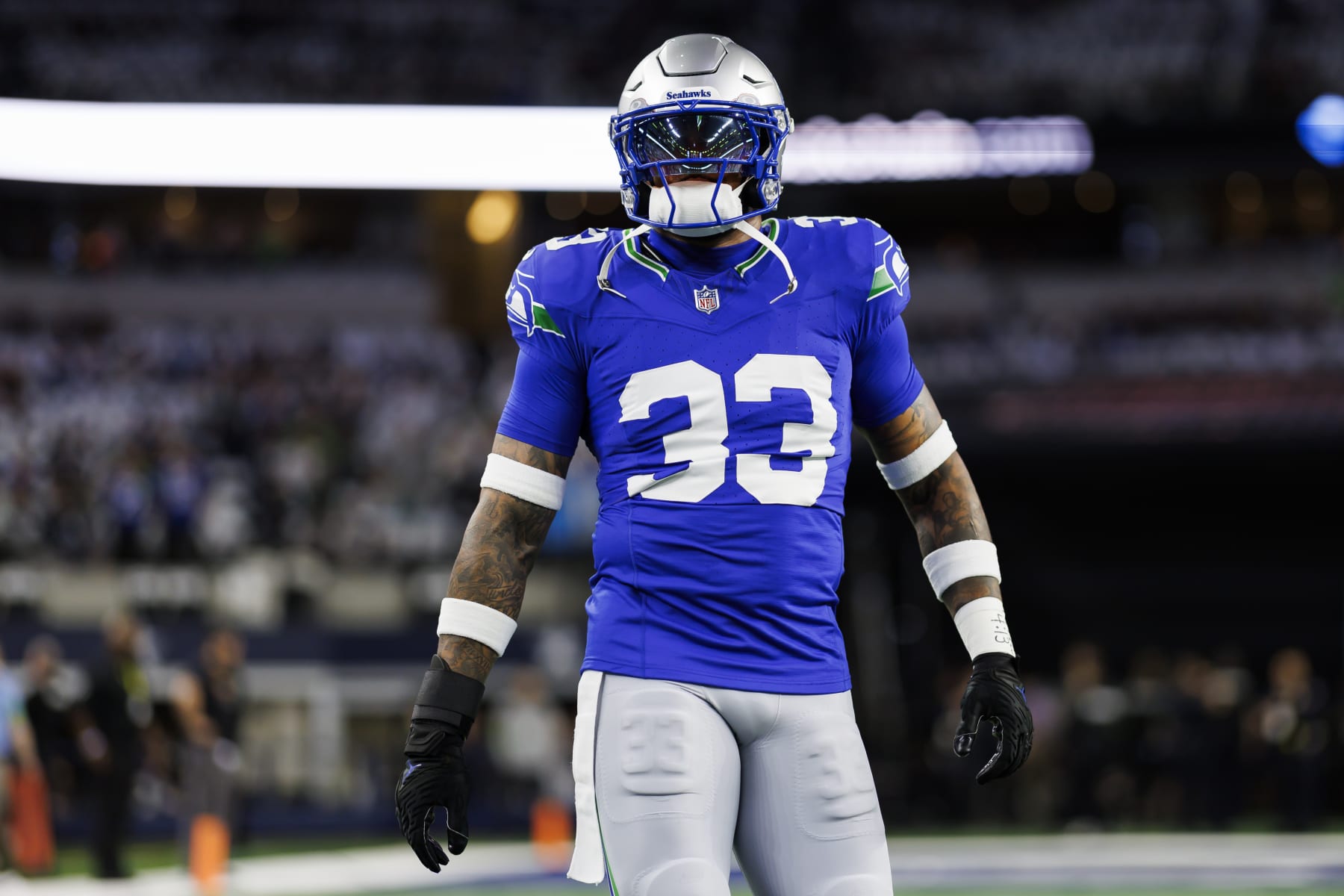 ARLINGTON, TEXAS - NOVEMBER 30: Jamal Adams #33 of the Seattle Seahawks looks on during pregame warmups before an NFL football game against the Dallas Cowboys at AT&T Stadium on November 30, 2023 in Arlington, Texas. (Photo by Ryan Kang/Getty Images) ARLINGTON, TEXAS - NOVEMBER 30: Jamal Adams #33 of the Seattle Seahawks looks on during pregame warmups before an NFL football game against the Dallas Cowboys at AT&T Stadium on November 30, 2023 in Arlington, Texas. (Photo by Ryan Kang/Getty Images)