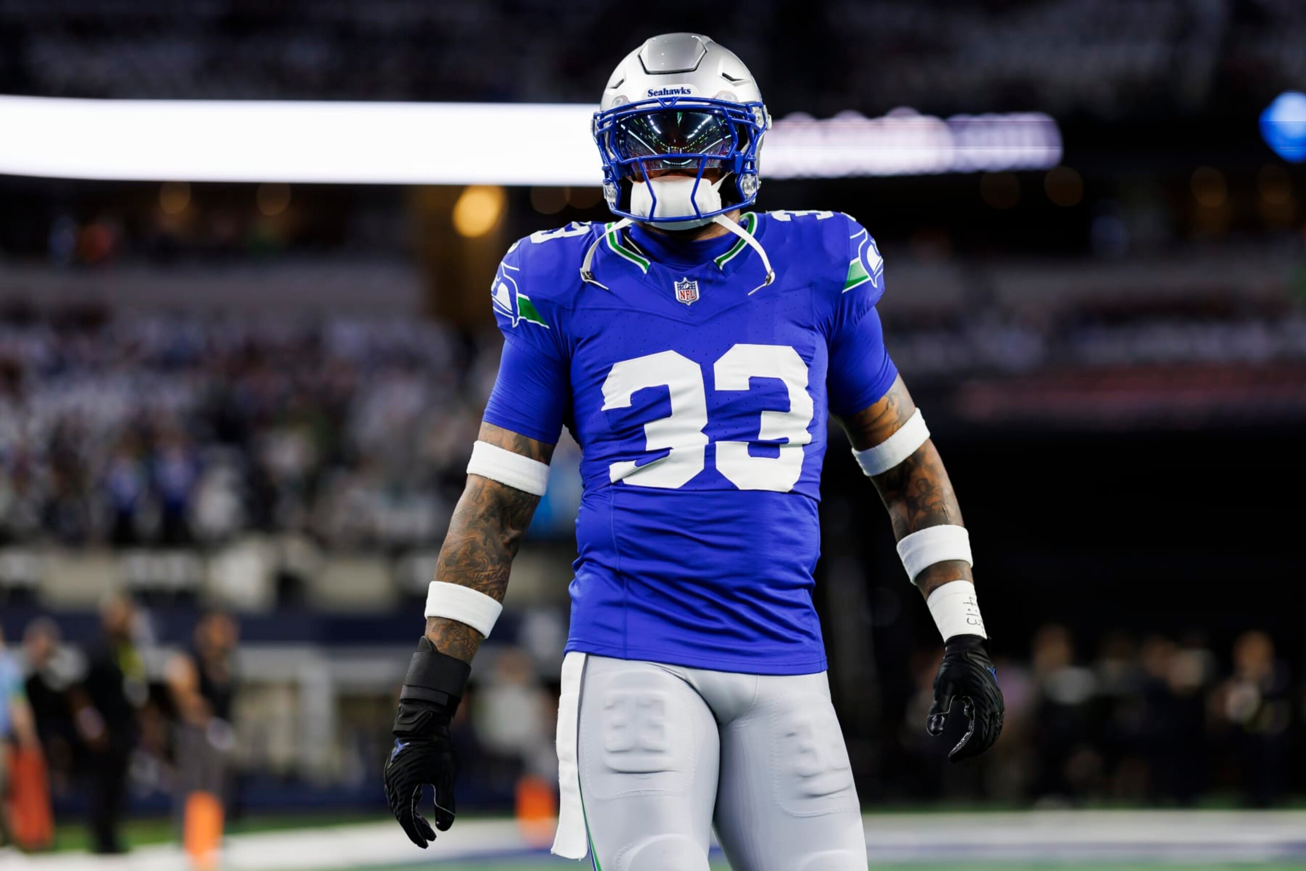 ARLINGTON, TEXAS - NOVEMBER 30: Jamal Adams #33 of the Seattle Seahawks looks on during pregame warmups before an NFL football game against the Dallas Cowboys at AT&T Stadium on November 30, 2023 in Arlington, Texas. (Photo by Ryan Kang/Getty Images)