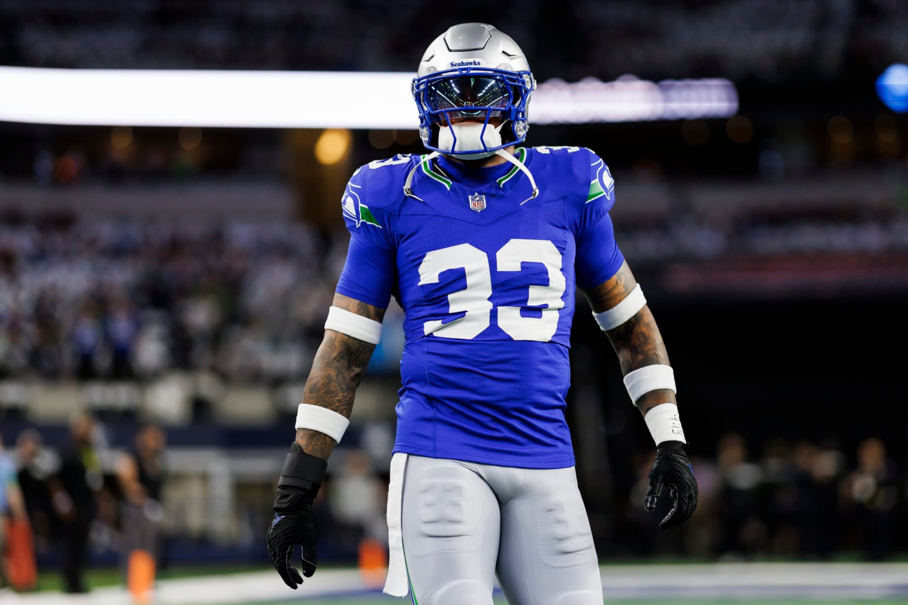 ARLINGTON, TEXAS - NOVEMBER 30: Jamal Adams #33 of the Seattle Seahawks looks on during pregame warmups before an NFL football game against the Dallas Cowboys at AT&T Stadium on November 30, 2023 in Arlington, Texas. (Photo by Ryan Kang/Getty Images)