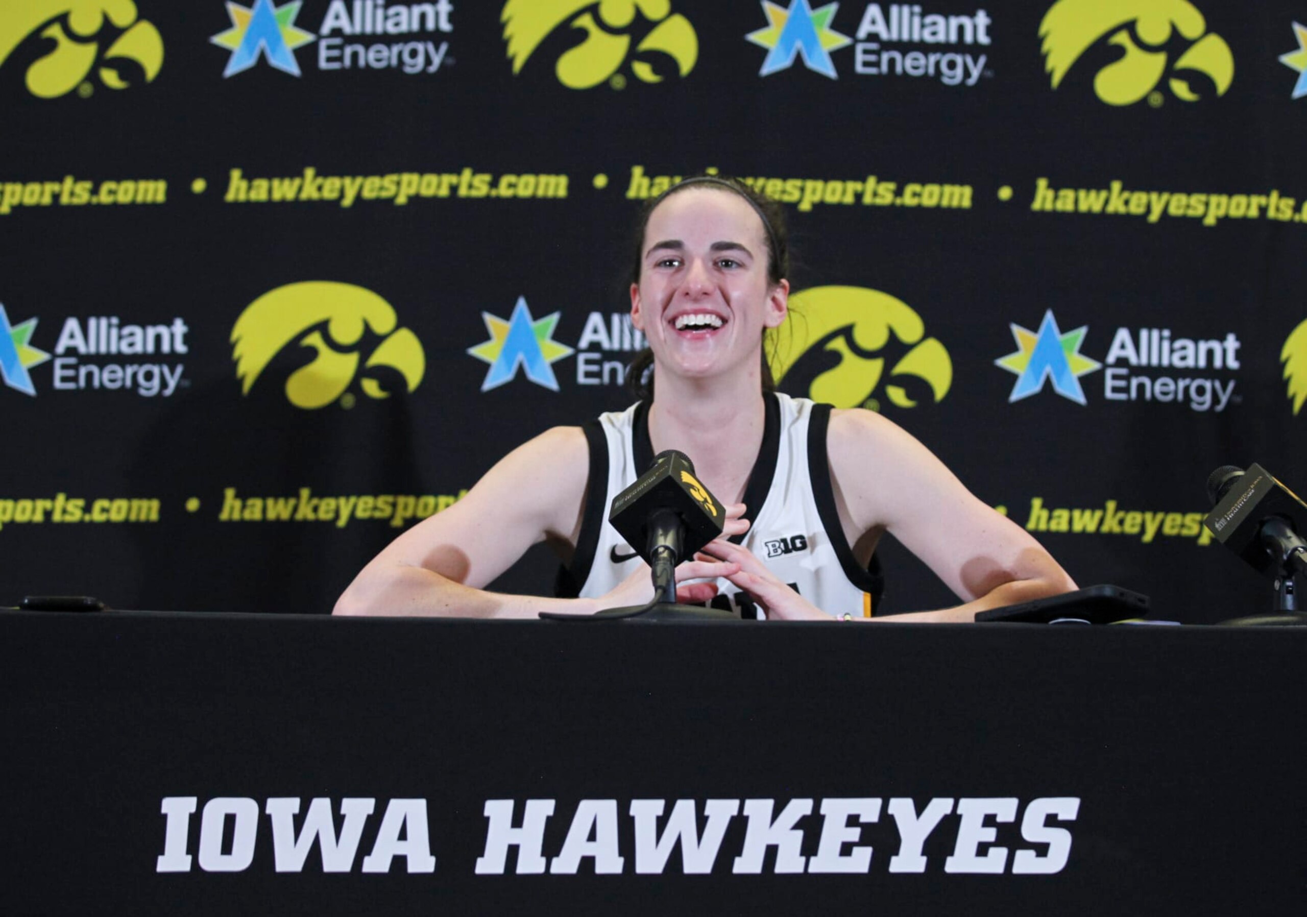 IOWA CITY, IOWA- MARCH 3: Guard Caitlin Clark #22 of the Iowa Hawkeyes answers questions after the match-up against the Ohio State Buckeyes at Carver-Hawkeye Arena on March 3, 2024 in Iowa City, Iowa. (Photo by Matthew Holst/Getty Images) IOWA CITY, IOWA- MARCH 3: Guard Caitlin Clark #22 of the Iowa Hawkeyes answers questions after the match-up against the Ohio State Buckeyes at Carver-Hawkeye Arena on March 3, 2024 in Iowa City, Iowa. (Photo by Matthew Holst/Getty Images)