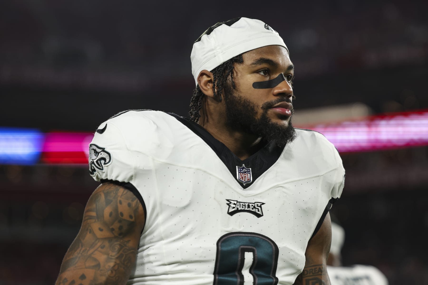 TAMPA, FL - JANUARY 15: D'Andre Swift #0 of the Philadelphia Eagles warms up prior to an NFL Wild Card playoff football game against the Tampa Bay Buccaneers at Raymond James Stadium on January 15, 2024 in Tampa, Florida. (Photo by Perry Knotts/Getty Images)