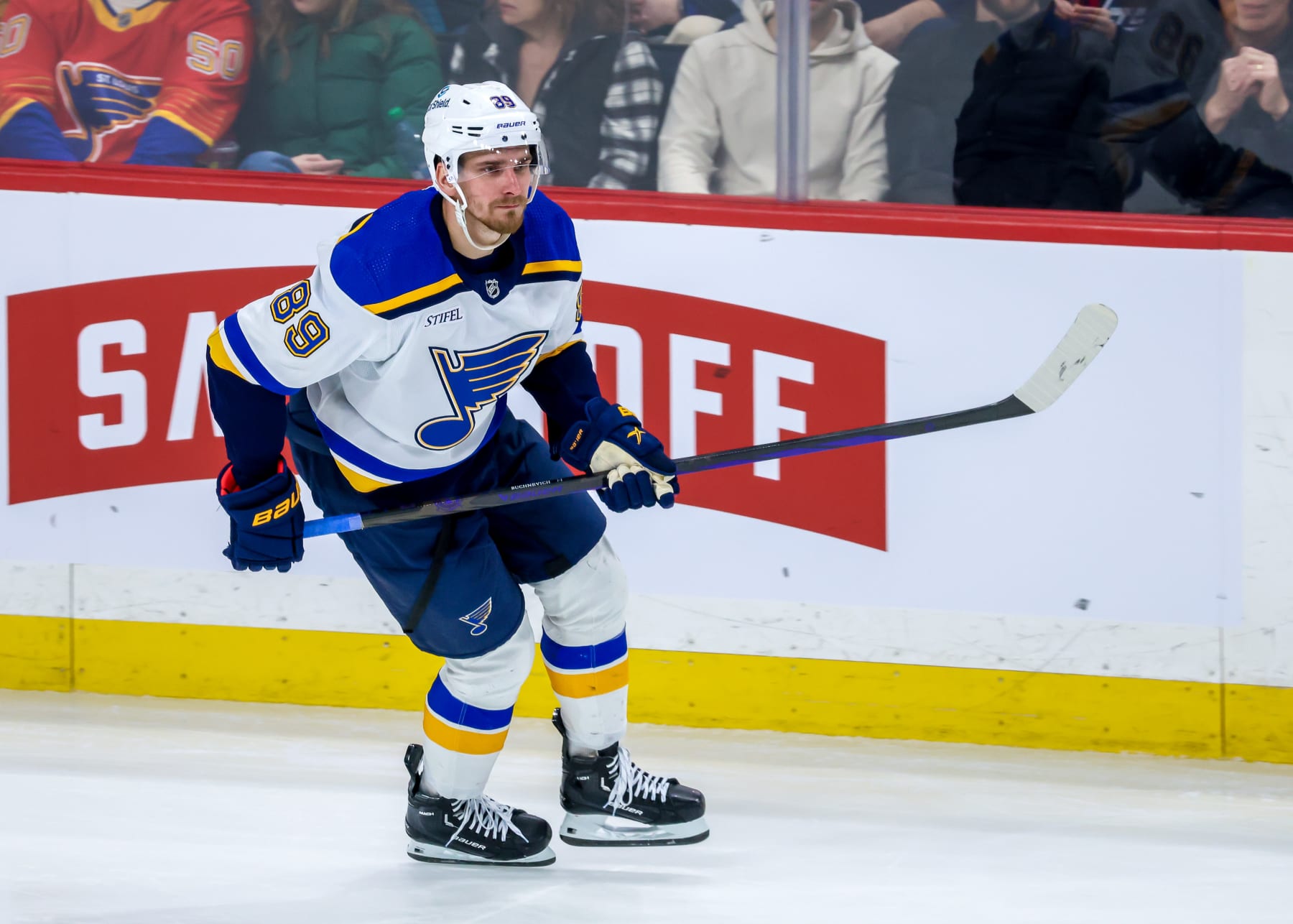 WINNIPEG, CANADA - FEBRUARY 27: Pavel Buchnevich #89 of the St. Louis Blues skates during third period action against the Winnipeg Jets at Canada Life Centre on February 27, 2024 in Winnipeg, Manitoba, Canada. (Photo by Jonathan Kozub/NHLI via Getty Images)