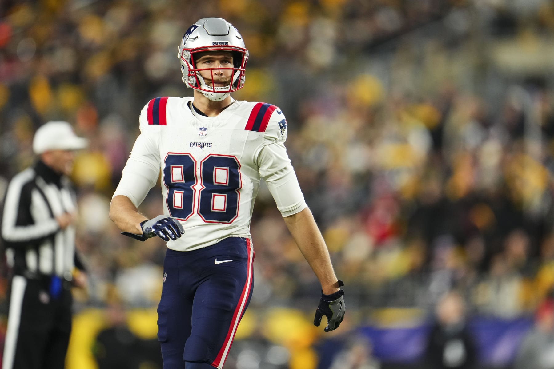 PITTSBURGH, PA - DECEMBER 07: Mike Gesicki #88 of the New England Patriots looks on from the field during an NFL football game against the Pittsburgh Steelers at Acrisure Stadium on December 7, 2023 in Pittsburgh, Pennsylvania. (Photo by Cooper Neill/Getty Images)