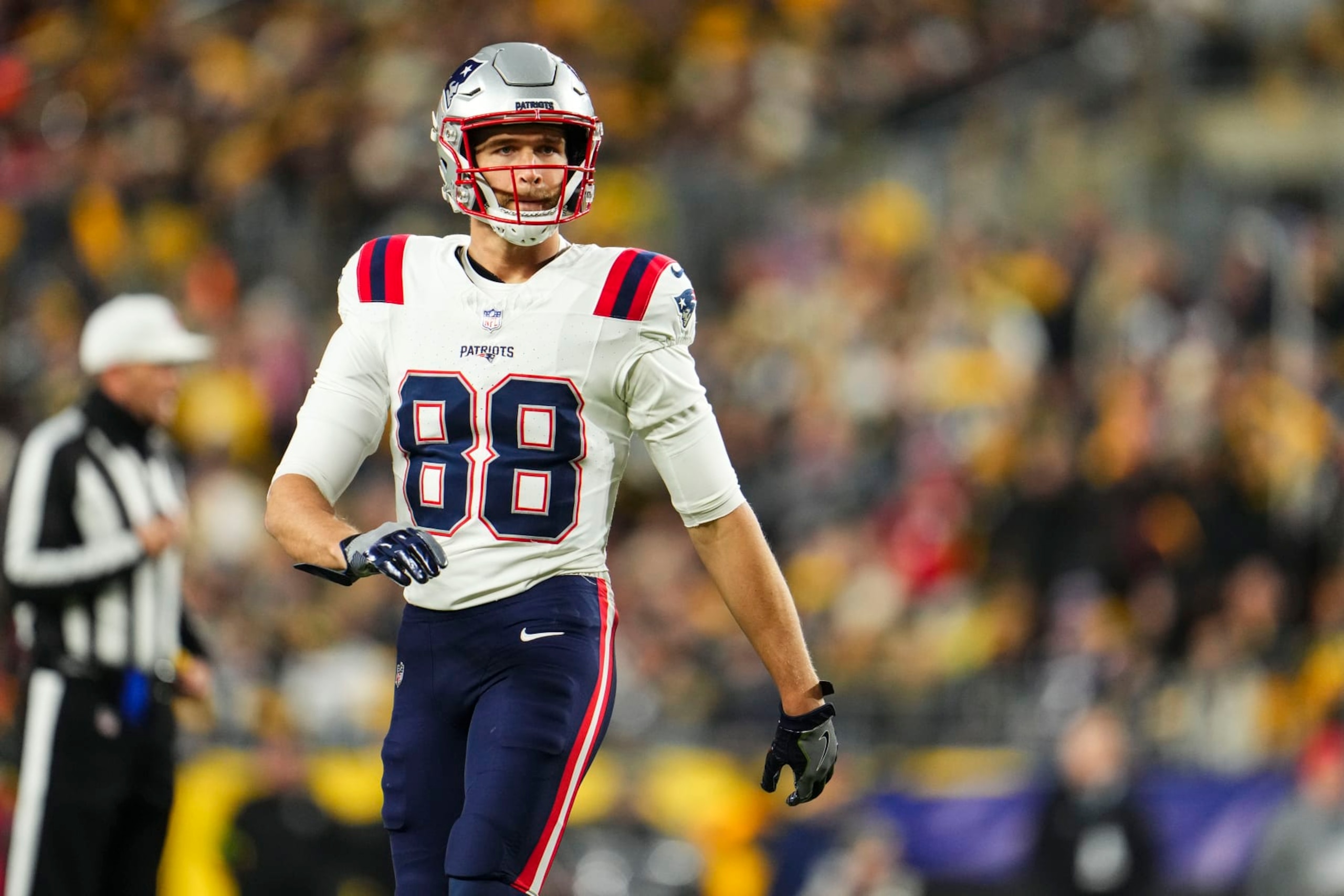 PITTSBURGH, PA - DECEMBER 07: Mike Gesicki #88 of the New England Patriots looks on from the field during an NFL football game against the Pittsburgh Steelers at Acrisure Stadium on December 7, 2023 in Pittsburgh, Pennsylvania. (Photo by Cooper Neill/Getty Images)