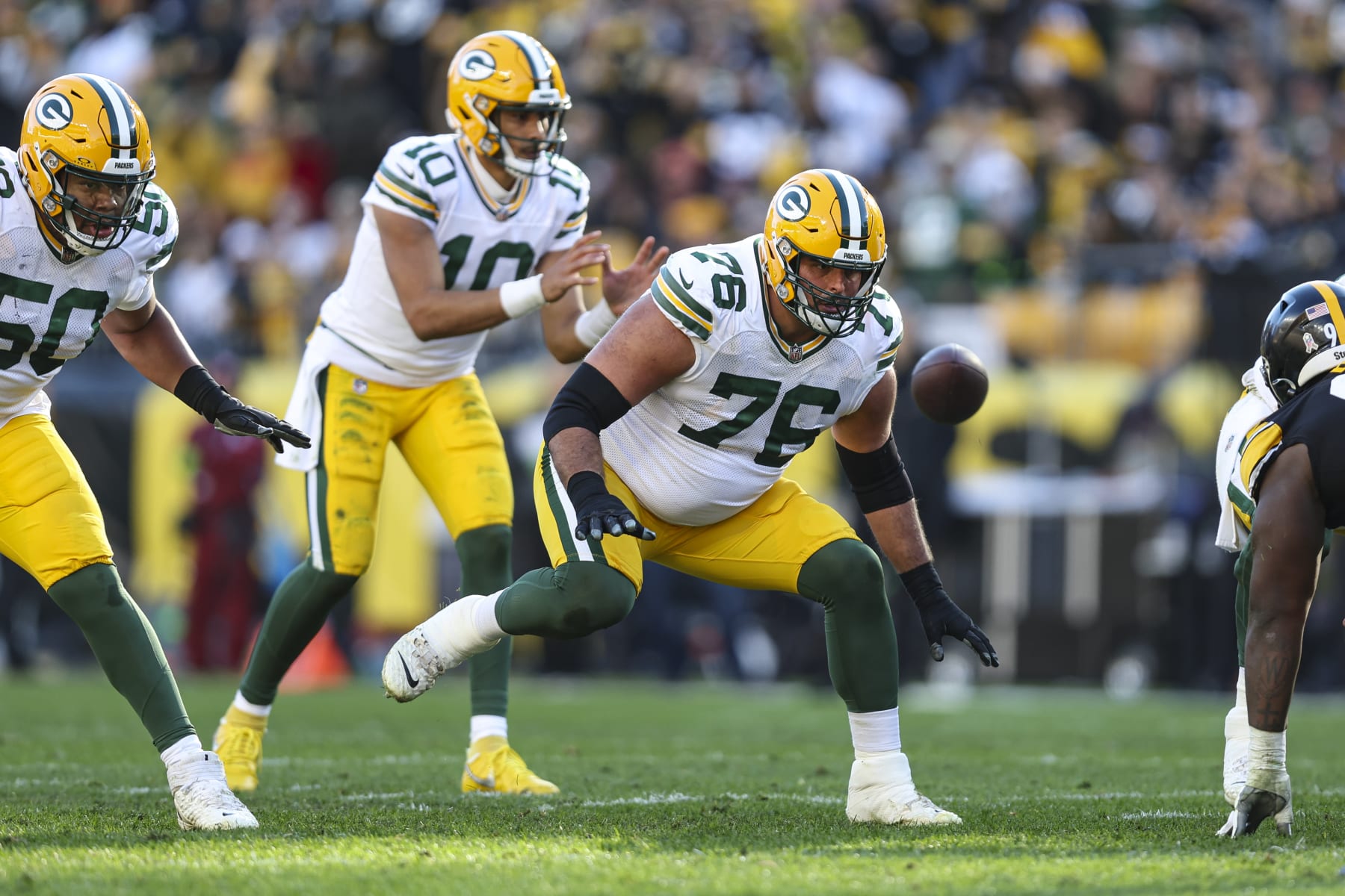 PITTSBURGH, PA - NOVEMBER 12: Jon Runyan #76 of the Green Bay Packers drops back to block during an NFL football game against the Pittsburgh Steelers at Acrisure Stadium on November 12, 2023 in Pittsburgh, Pennsylvania. (Photo by Perry Knotts/Getty Images)