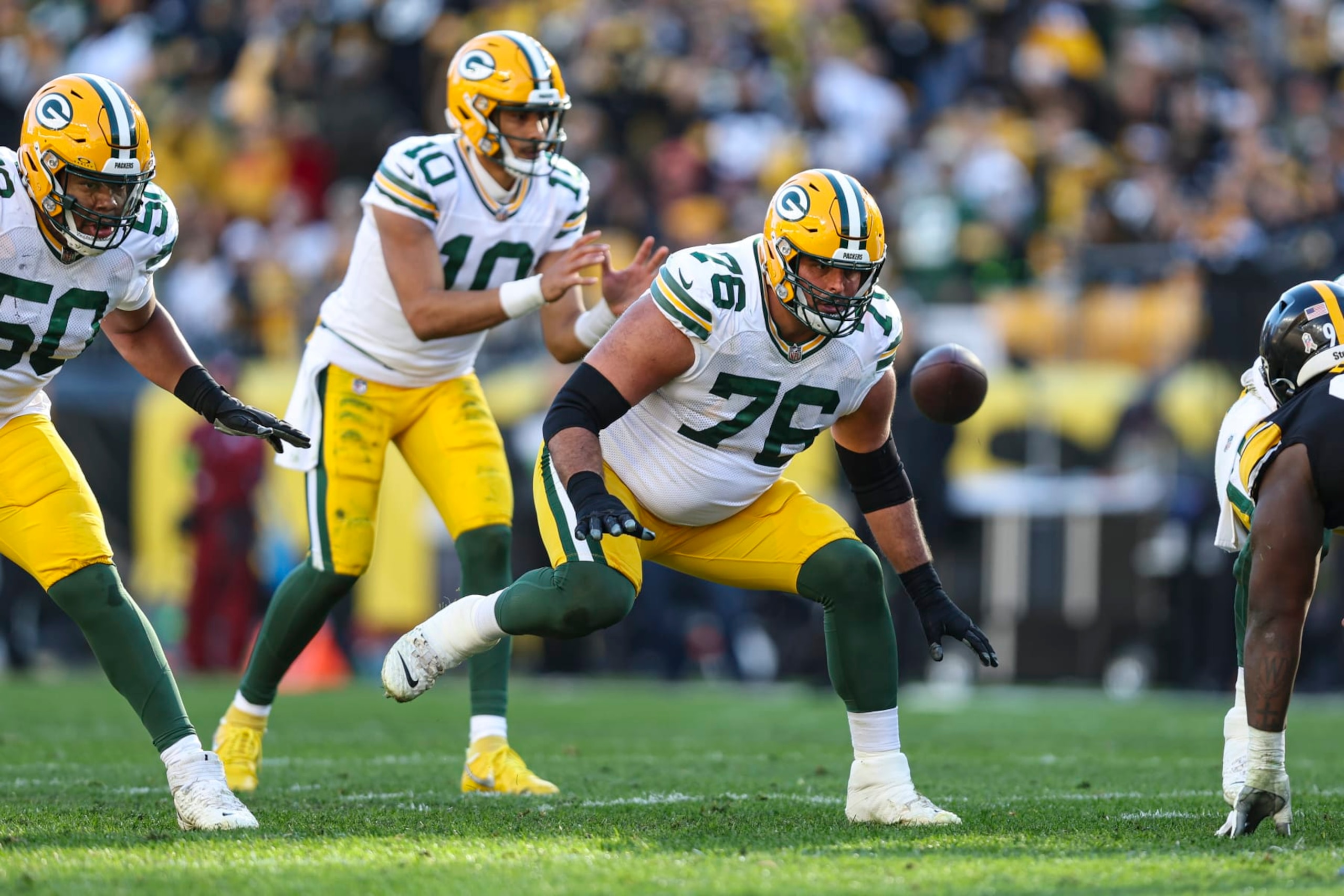 PITTSBURGH, PA - NOVEMBER 12: Jon Runyan #76 of the Green Bay Packers drops back to block during an NFL football game against the Pittsburgh Steelers at Acrisure Stadium on November 12, 2023 in Pittsburgh, Pennsylvania. (Photo by Perry Knotts/Getty Images)