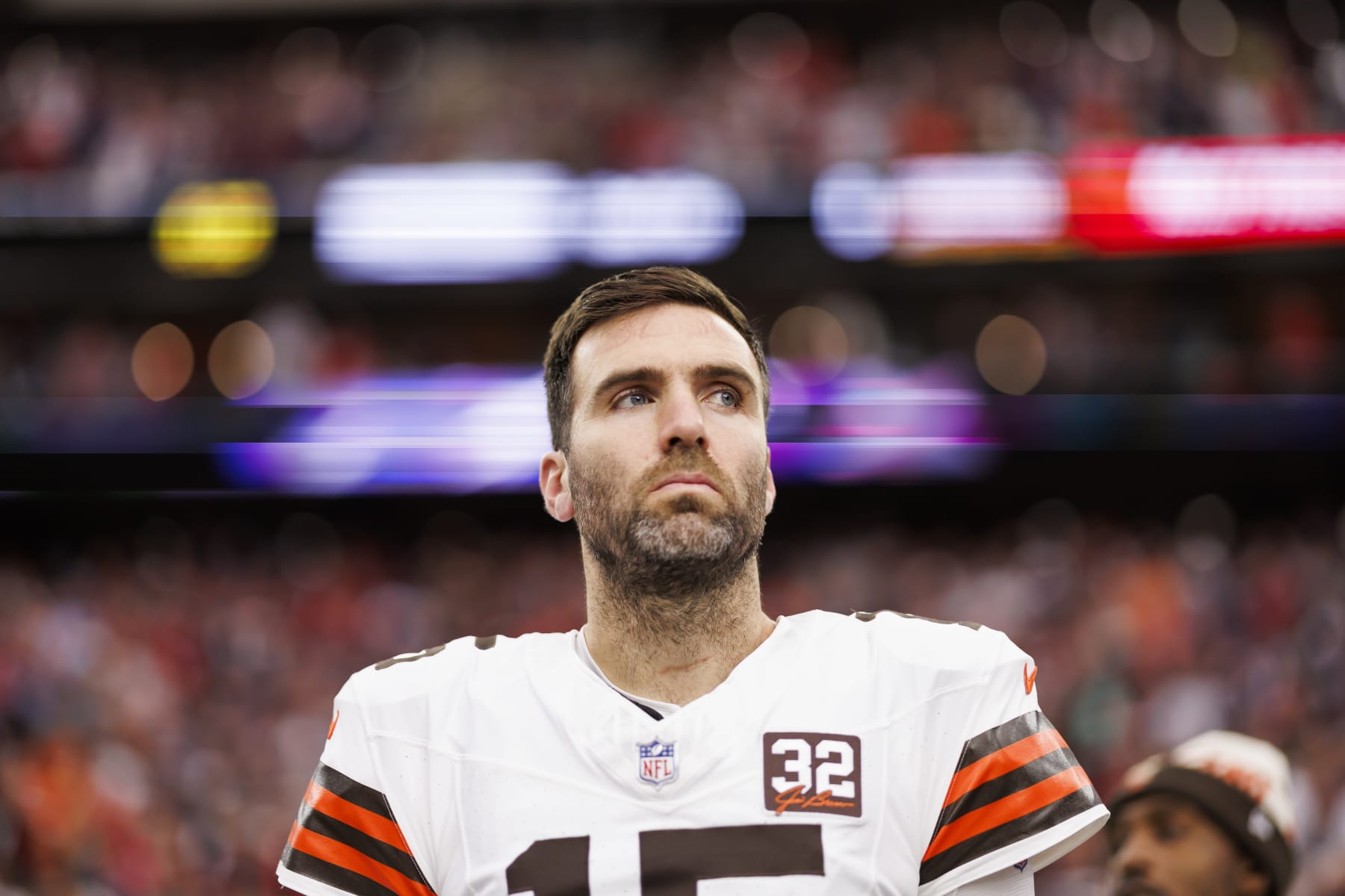 HOUSTON, TEXAS - JANUARY 13: Joe Flacco #15 of the Cleveland Browns looks on from the sideline before an AFC wild-card playoff football game against the Houston Texans at NRG Stadium on January 13, 2024 in Houston, Texas. (Photo by Ryan Kang/Getty Images)