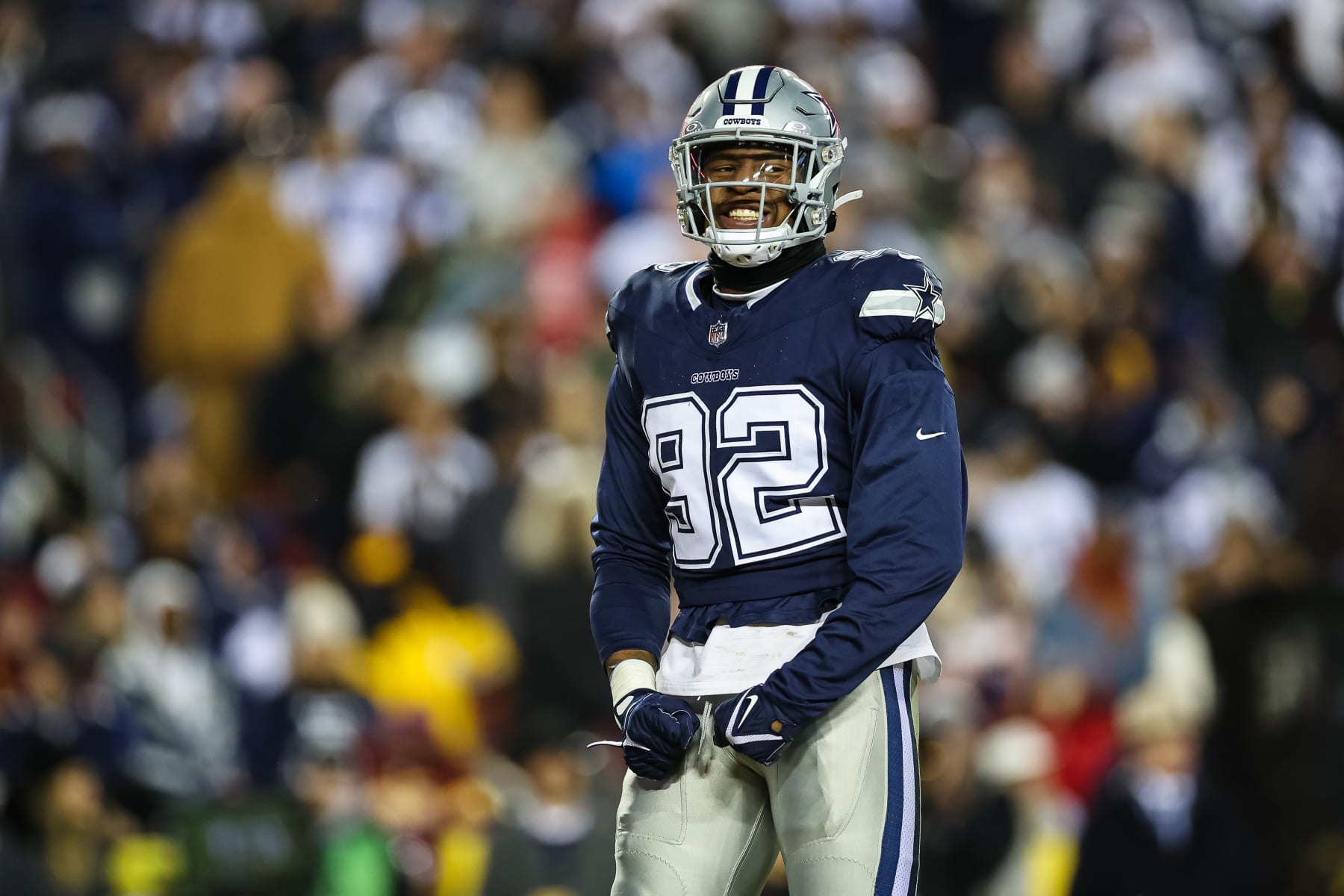 LANDOVER, MD - JANUARY 07: Abdullah Anderson #92 of the Washington Commanders celebrates after a sack against the Washington Commanders during the second half of the game at FedExField on January 7, 2024 in Landover, Maryland. (Photo by Scott Taetsch/Getty Images)