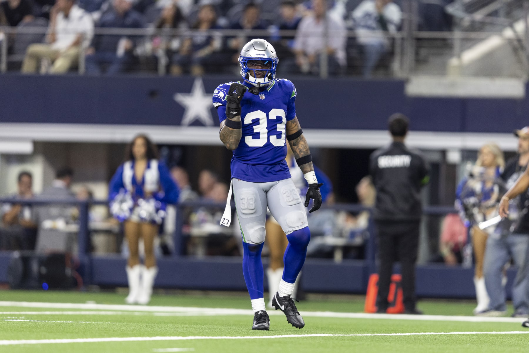 ARLINGTON, TEXAS - NOVEMBER 30: Jamal Adams #33 of the Seattle Seahawks celebrate during an NFL football game between the Dallas Cowboys and the Seattle Seahawks at AT&T Stadium on November 30, 2023 in Arlington, Texas. (Photo by Michael Owens/Getty Images)
