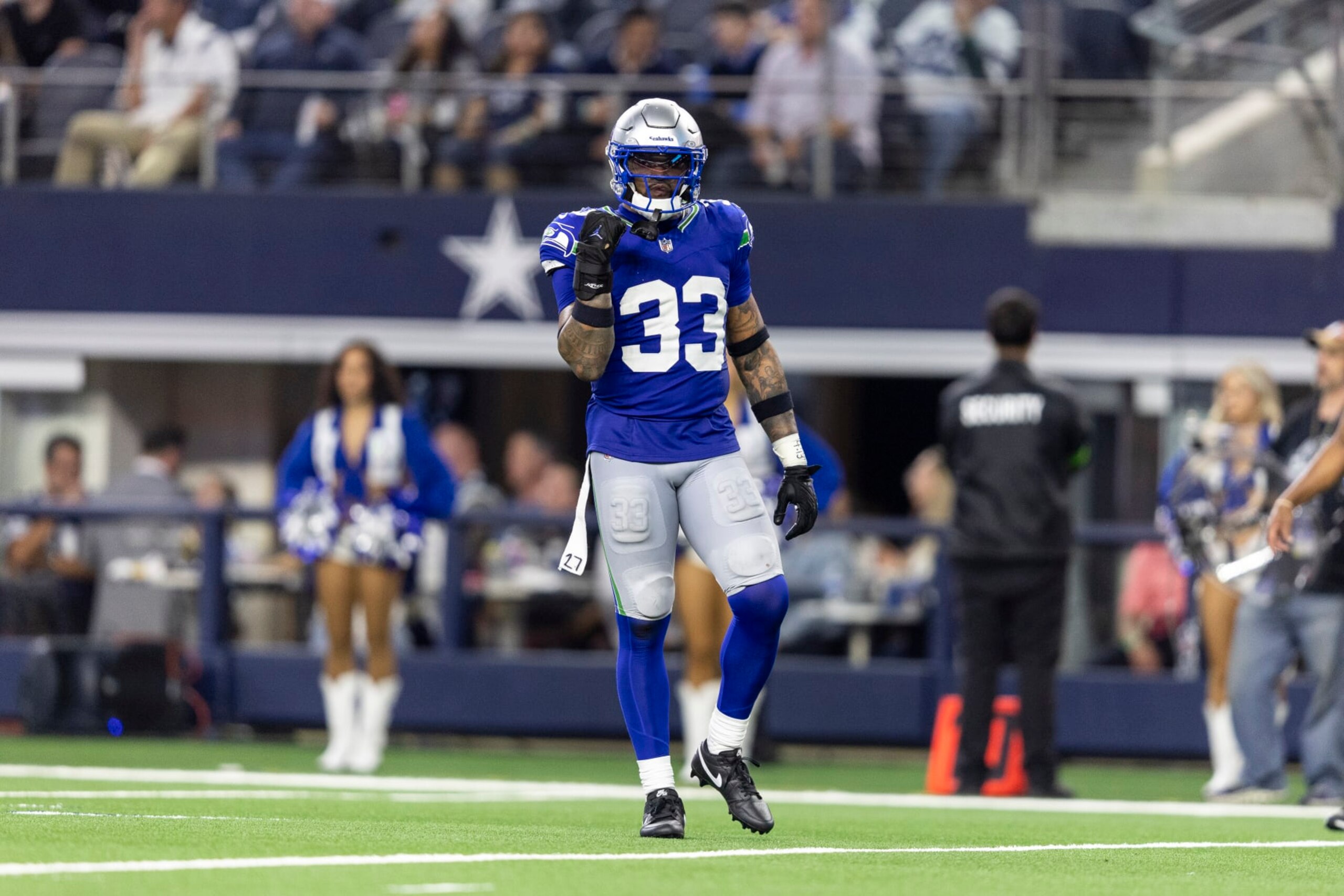 ARLINGTON, TEXAS - NOVEMBER 30: Jamal Adams #33 of the Seattle Seahawks celebrate during an NFL football game between the Dallas Cowboys and the Seattle Seahawks at AT&T Stadium on November 30, 2023 in Arlington, Texas. (Photo by Michael Owens/Getty Images)