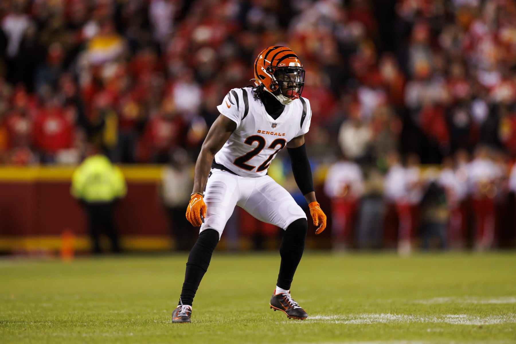 KANSAS CITY, MISSOURI - DECEMBER 31: Chidobe Awuzie #22 of the Cincinnati Bengals defends in coverage during an NFL football game against the Kansas City Chiefs at GEHA Field at Arrowhead Stadium on December 31, 2023 in Kansas City, Missouri. (Photo by Ryan Kang/Getty Images)