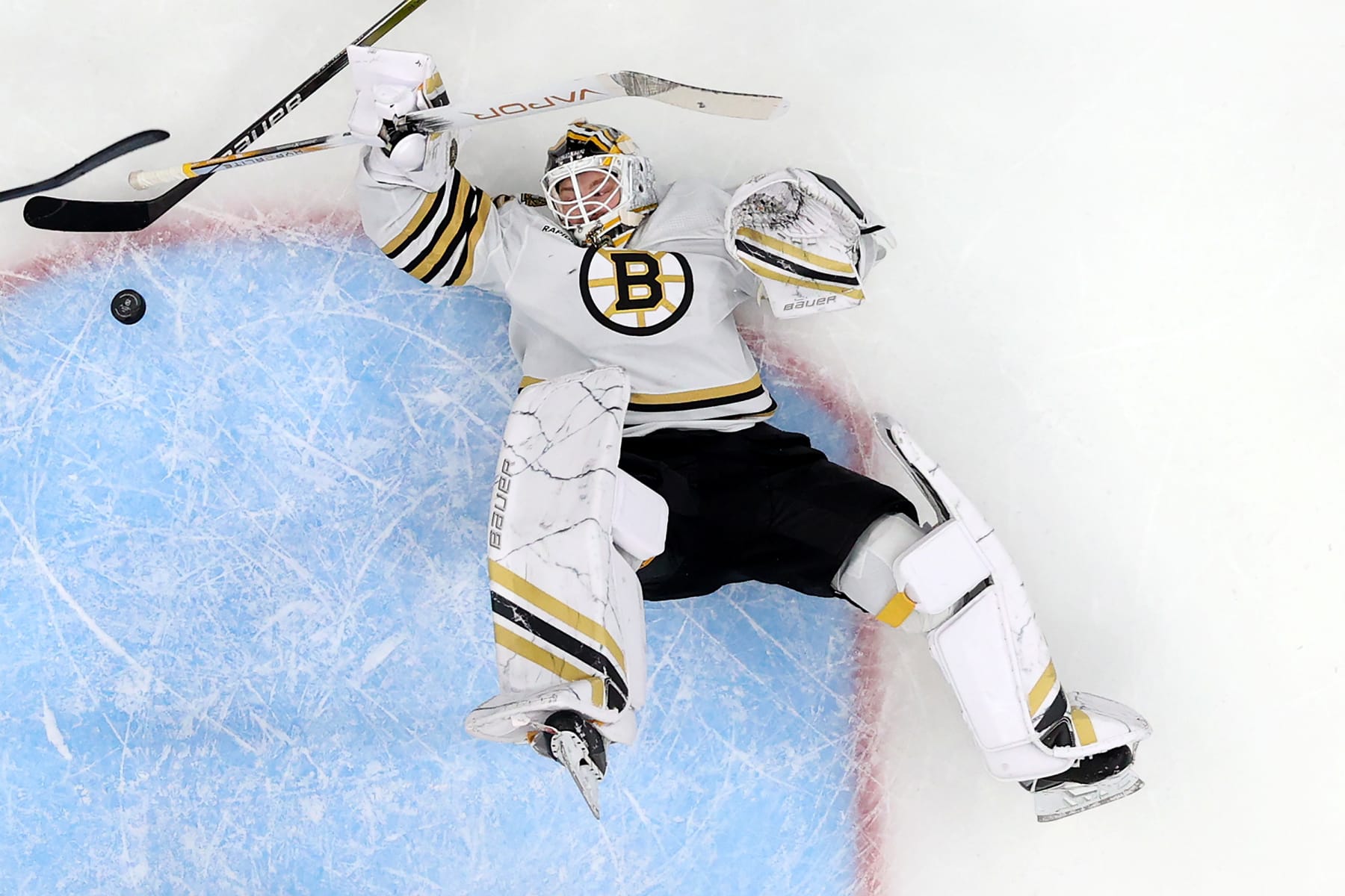 SEATTLE, WASHINGTON - FEBRUARY 26: Linus Ullmark #35 of the Boston Bruins makes a save against the Seattle Kraken during the third period at Climate Pledge Arena on February 26, 2024 in Seattle, Washington. (Photo by Steph Chambers/Getty Images)