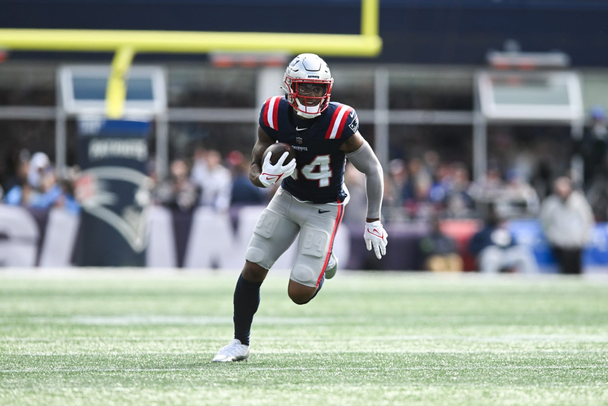 FOXBORO, MA - OCTOBER 22: Kendrick Bourne #84 of the New England Patriots runs with the football during the first half against the Buffalo Bills at Gillette Stadium on October 22, 2023 in Foxboro, Massachusetts. (Photo by Kathryn Riley/Getty Images)