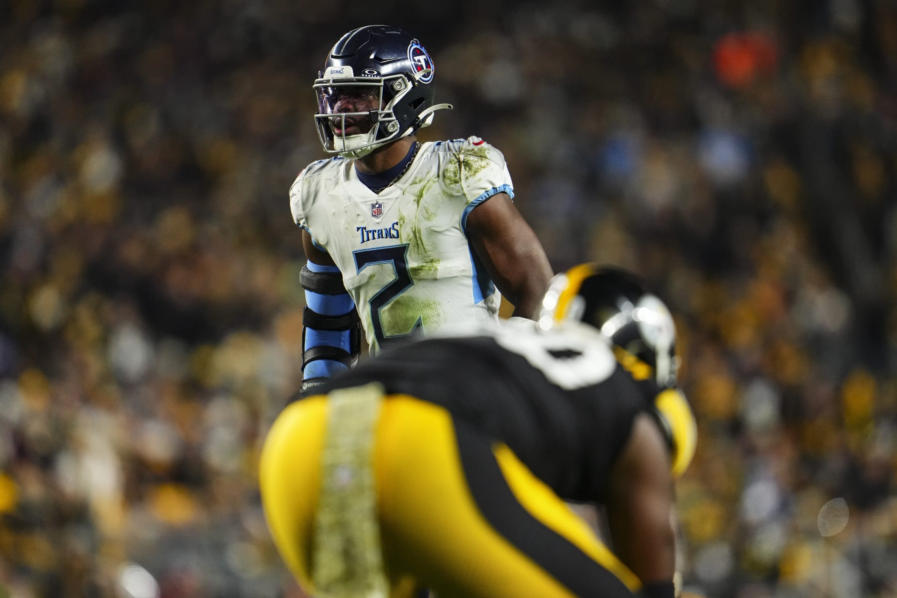 PITTSBURGH, PA - NOVEMBER 02: Azeez Al-Shaair #2 of the Tennessee Titans looks on from the field during an NFL football game against the Pittsburgh Steelers at Acrisure Stadium on November 2, 2023 in Pittsburgh, Pennsylvania. (Photo by Cooper Neill/Getty Images)