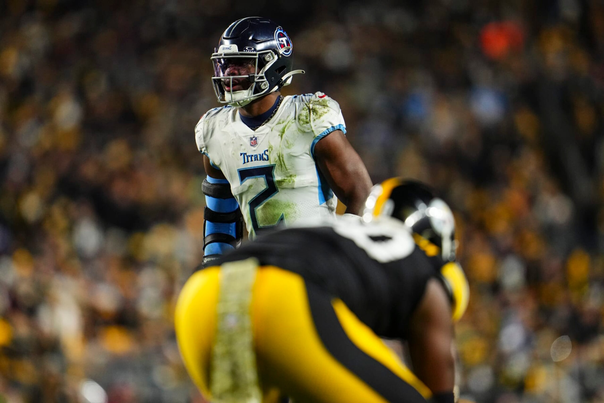 PITTSBURGH, PA - NOVEMBER 02: Azeez Al-Shaair #2 of the Tennessee Titans looks on from the field during an NFL football game against the Pittsburgh Steelers at Acrisure Stadium on November 2, 2023 in Pittsburgh, Pennsylvania. (Photo by Cooper Neill/Getty Images)