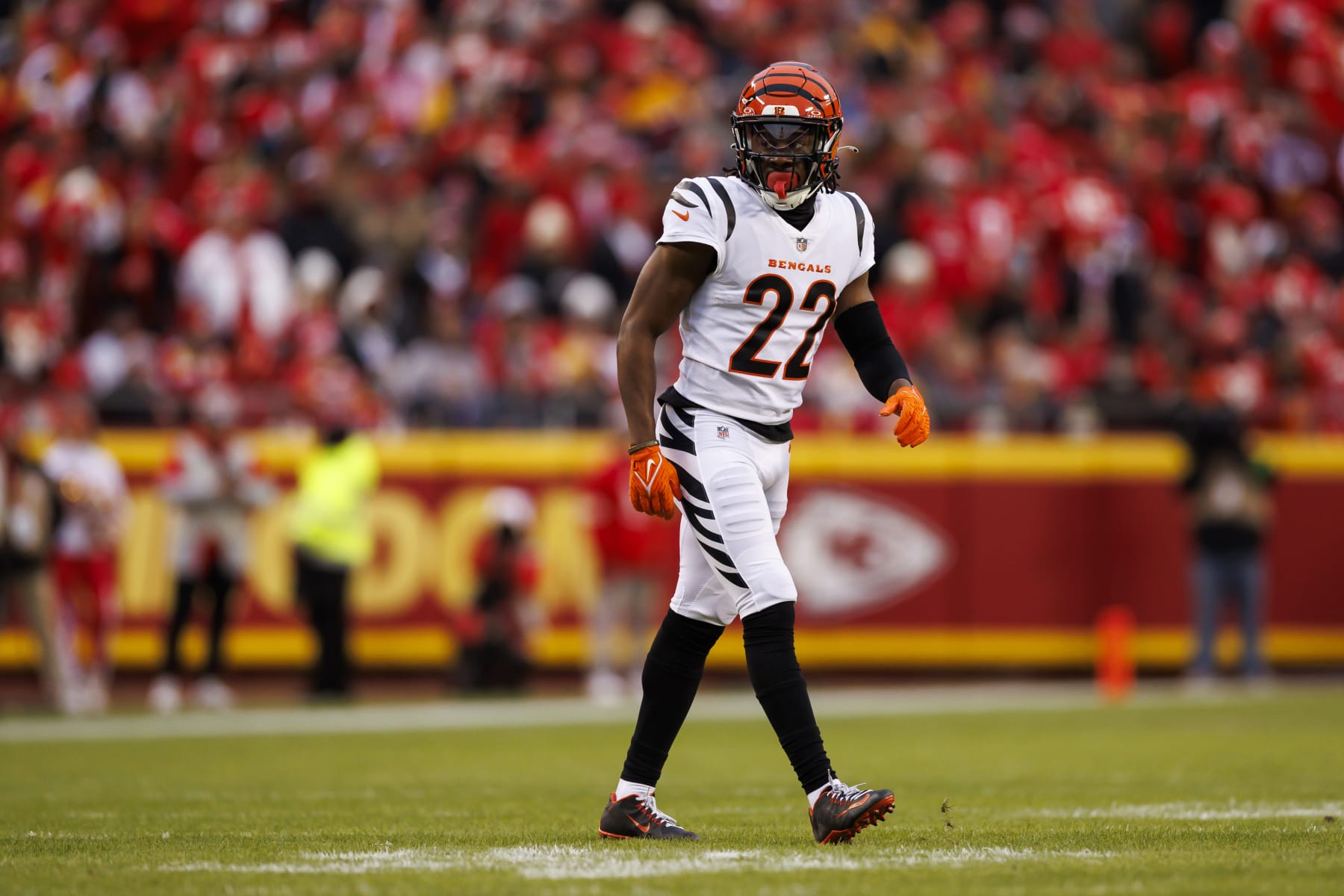 KANSAS CITY, MISSOURI - DECEMBER 31: Chidobe Awuzie #22 of the Cincinnati Bengals defends in coverage during an NFL football game against the Kansas City Chiefs at GEHA Field at Arrowhead Stadium on December 31, 2023 in Kansas City, Missouri. (Photo by Ryan Kang/Getty Images)