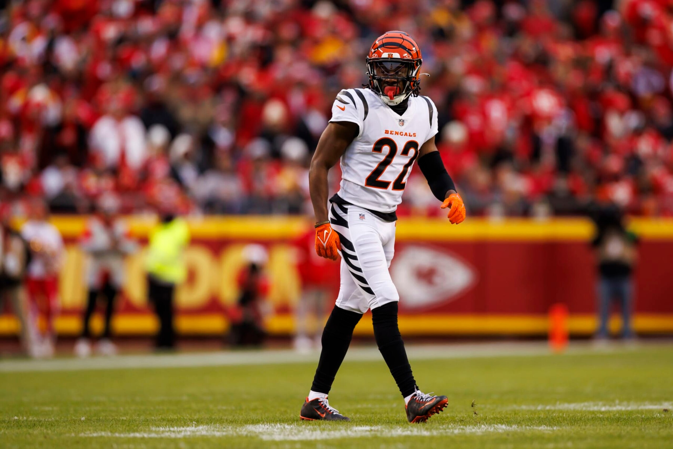 KANSAS CITY, MISSOURI - DECEMBER 31: Chidobe Awuzie #22 of the Cincinnati Bengals defends in coverage during an NFL football game against the Kansas City Chiefs at GEHA Field at Arrowhead Stadium on December 31, 2023 in Kansas City, Missouri. (Photo by Ryan Kang/Getty Images)