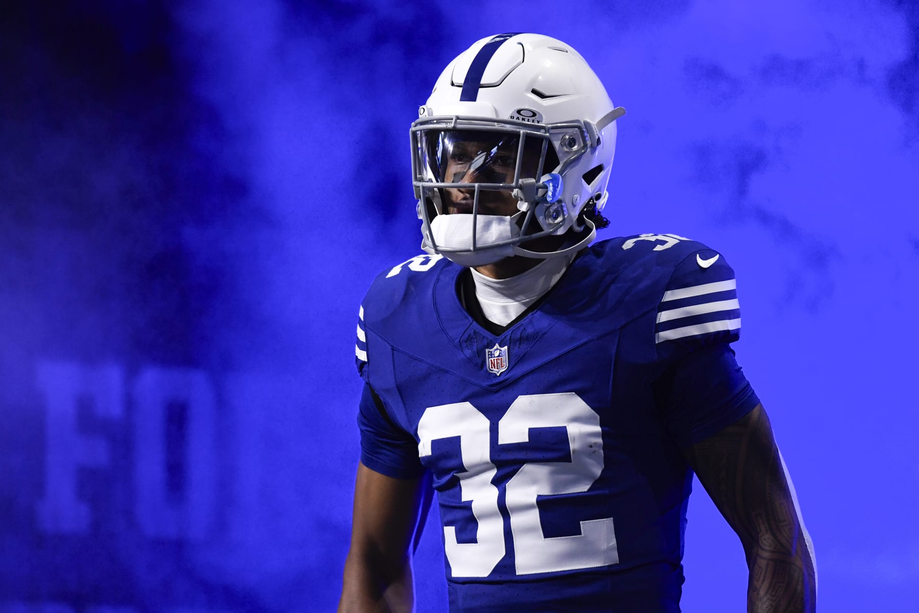 INDIANAPOLIS, IN - DECEMBER 16: Indianapolis Colts Safety Julian Blackmon (32) during player introductions for the NFL game between the Pittsburgh Steelers and the Indianapolis Colts on December 16, 2023, at Lucas Oil Stadium in Indianapolis, Indiana. (Photo by Michael Allio/Icon Sportswire via Getty Images)