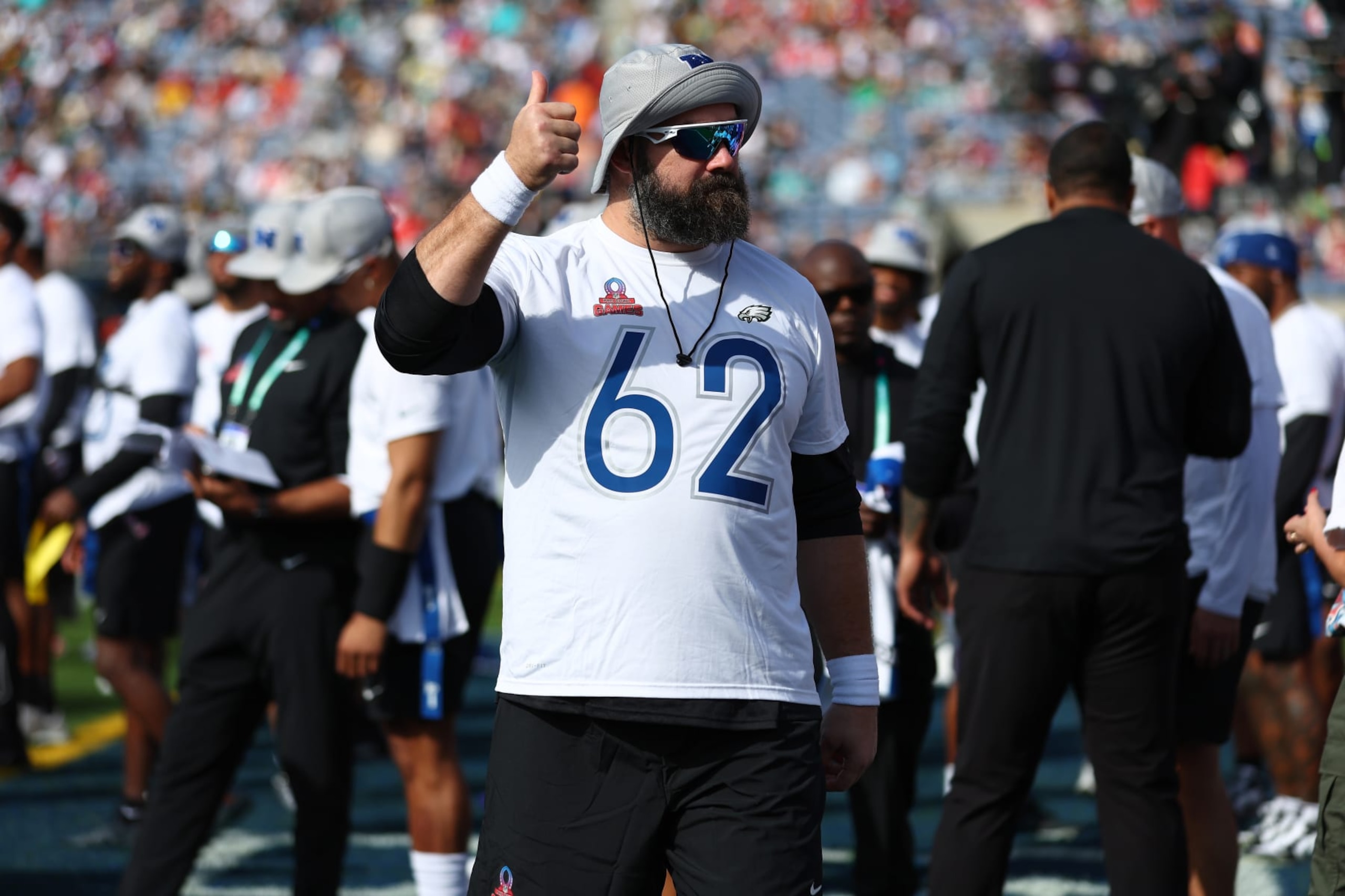 ORLANDO, FLORIDA - FEBRUARY 04: Jason Kelce #62 of the Philadelphia Eagles and NFC reacts prior to the 2024 NFL Pro Bowl Games at Camping World Stadium on February 04, 2024 in Orlando, Florida. (Photo by Megan Briggs/Getty Images)