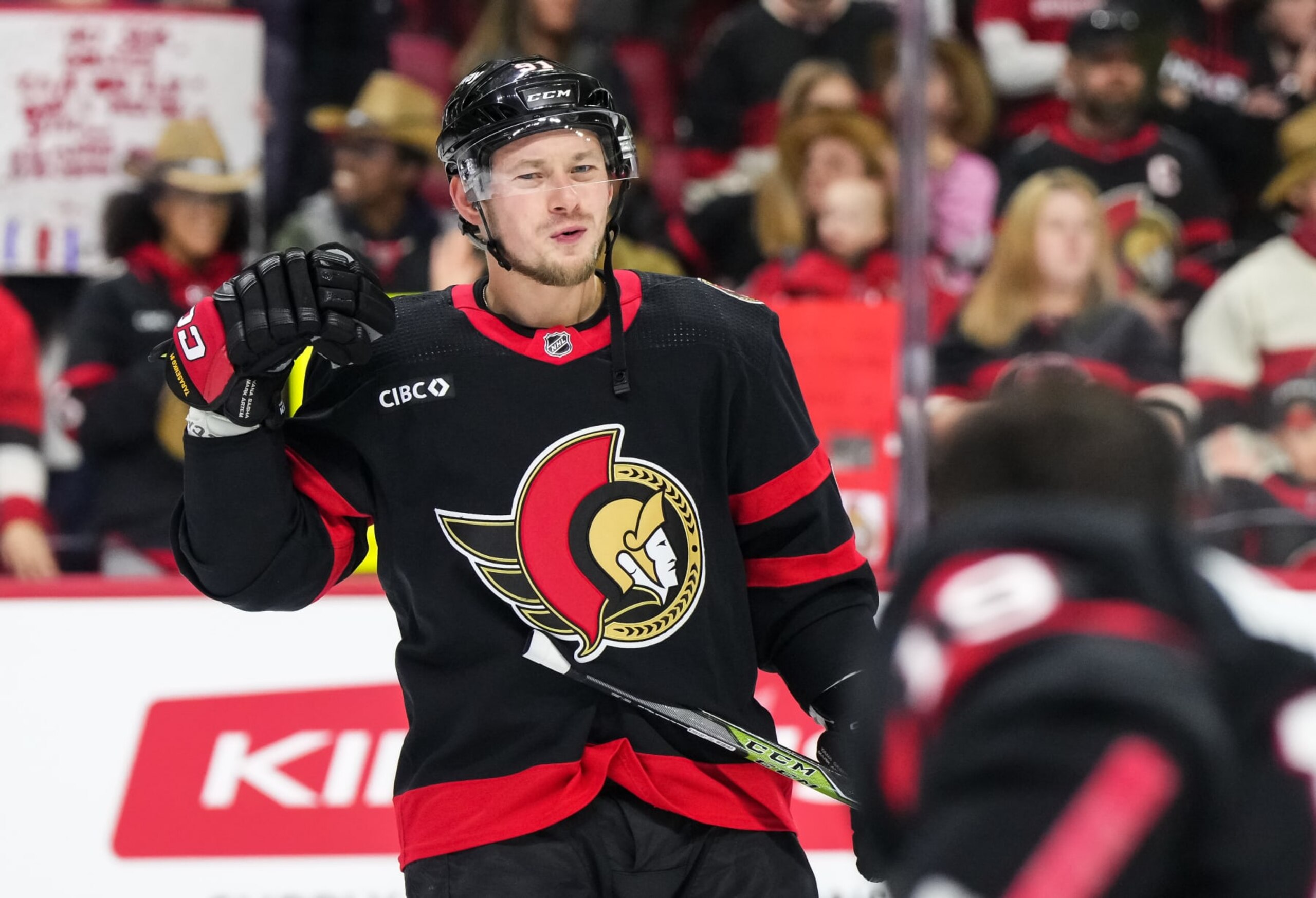 OTTAWA, CANADA - MARCH 1: Vladimir Tarasenko #91 of the Ottawa Senators as a laugh during warmup prior to a game against the Arizona Coyotes at Canadian Tire Centre on March 1, 2024 in Ottawa, Ontario, Canada.  (Photo by Andrea Cardin/NHLI via Getty Images)