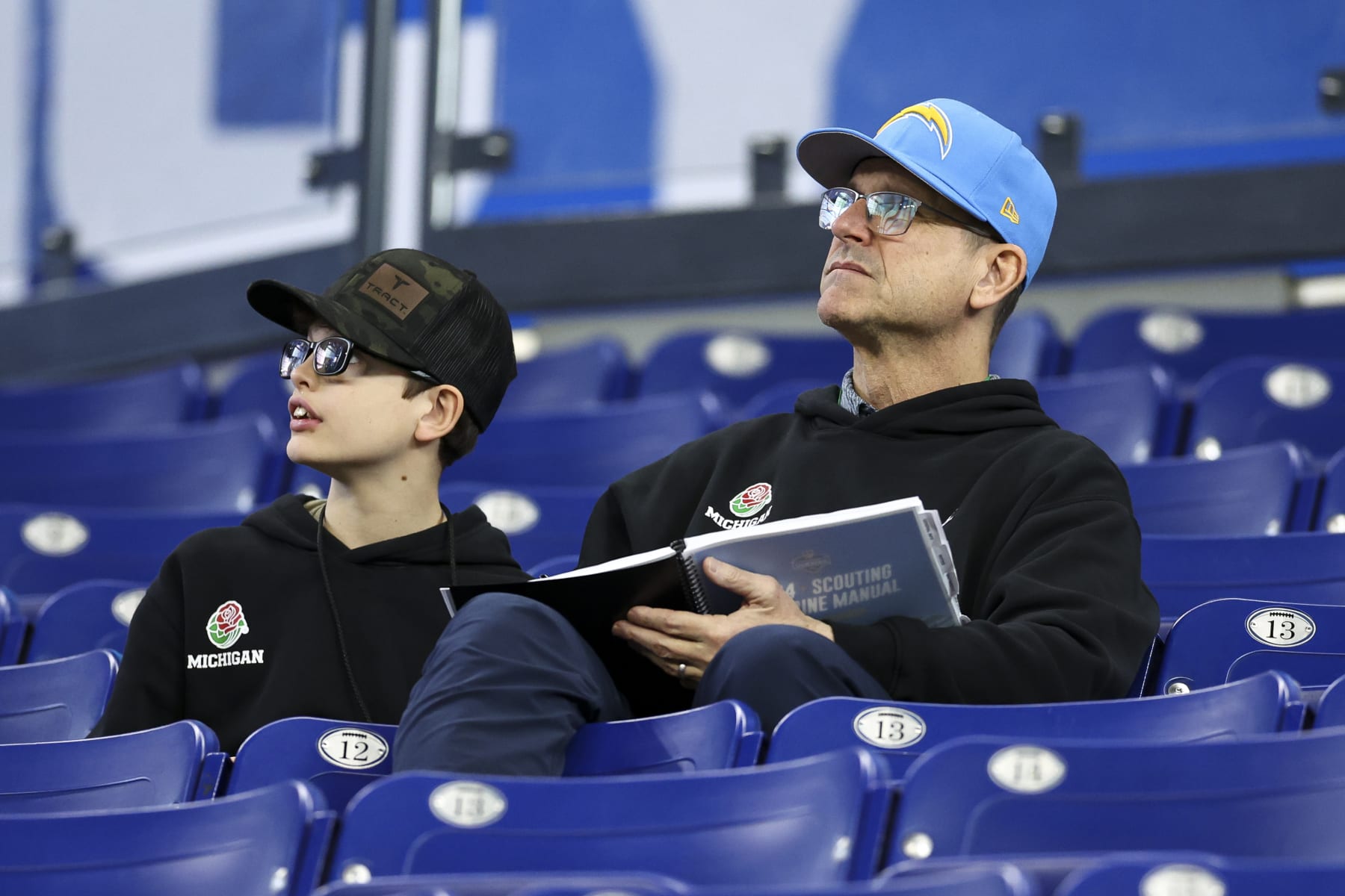 INDIANAPOLIS, INDIANA - MARCH 2: Head coach Jim Harbaugh of the Los Angeles Chargers watches from the stands during the NFL Combine at the Lucas Oil Stadium on March 2, 2024 in Indianapolis, Indiana. (Photo by Kevin Sabitus/Getty Images)