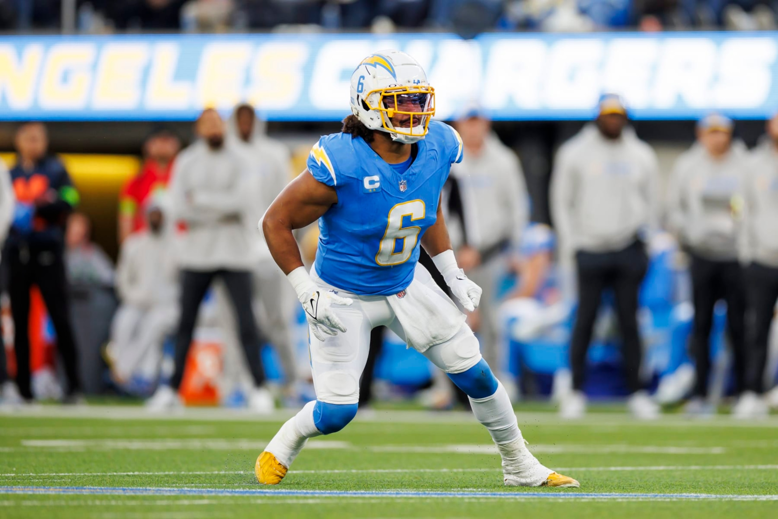 INGLEWOOD, CALIFORNIA - JANUARY 07: Eric Kendricks #6 of the Los Angeles Chargers  defends in coverage during an NFL football game against the Kansas City Chiefs at SoFi Stadium on January 7, 2024 in Inglewood, California. (Photo by Ryan Kang/Getty Images)