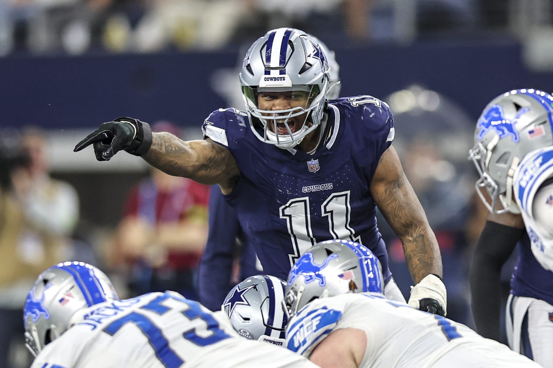 ARLINGTON, TX - DECEMBER 30: Dallas Cowboys linebacker Micah Parsons (11) calls out defensive signals during the game between the Dallas Cowboys and the Detroit Lions on December 30, 2023 at AT&T Stadium in Arlington, Texas. (Photo by Matthew Pearce/Icon Sportswire via Getty Images)