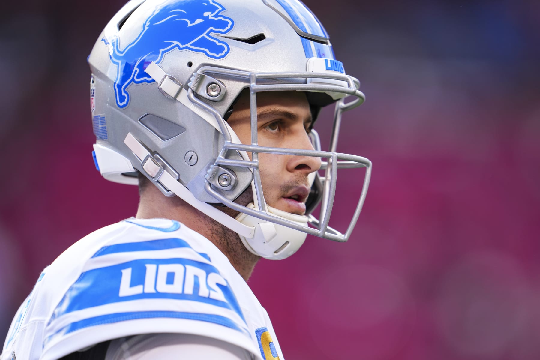 SANTA CLARA, CA - JANUARY 28: Jared Goff #16 of the Detroit Lions warms up prior to the NFC Championship NFL football game against the San Francisco 49ers at Levi's Stadium on January 28, 2024 in Santa Clara, California. (Photo by Cooper Neill/Getty Images)