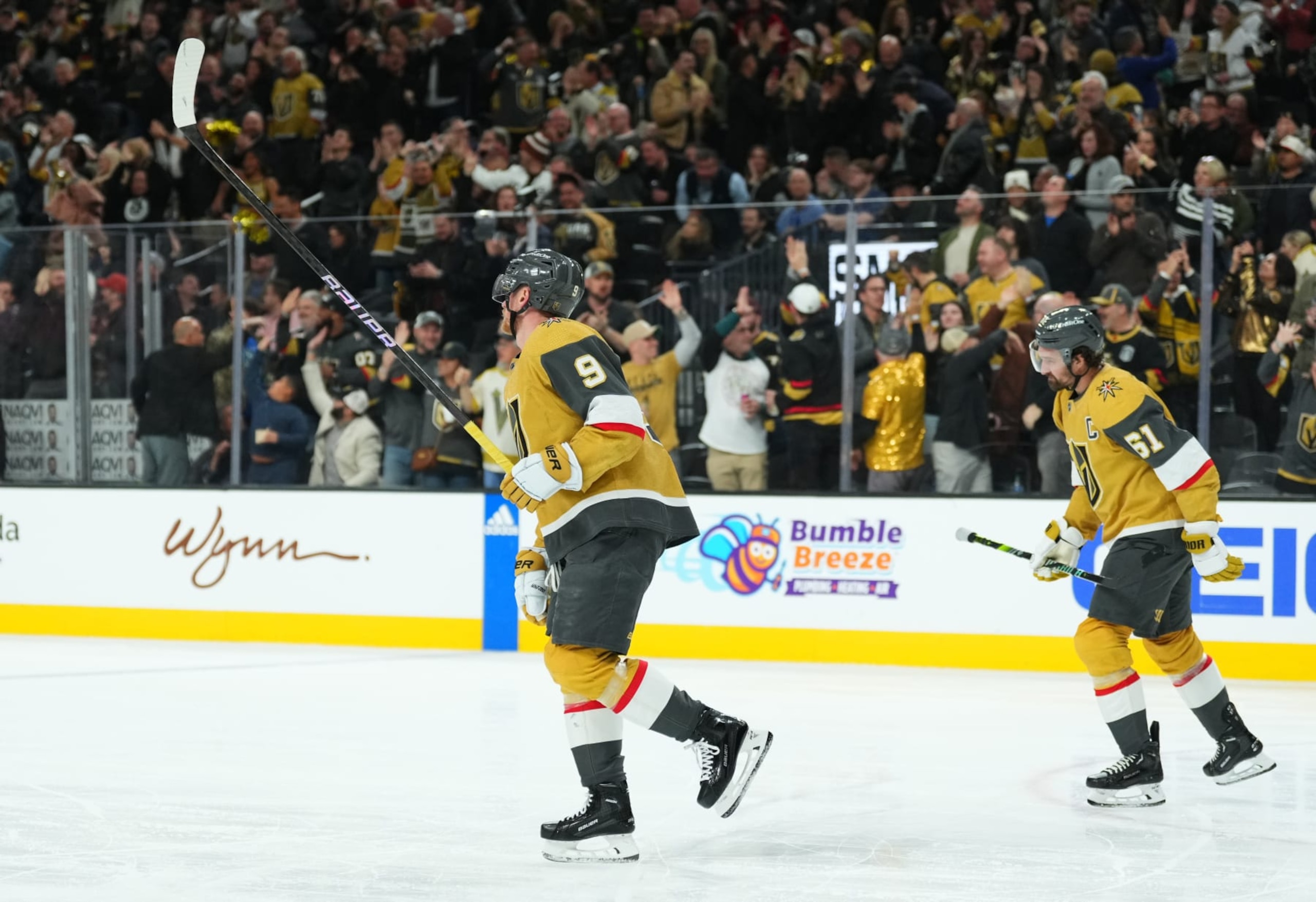 LAS VEGAS, NEVADA - JANUARY 11: Jack Eichel #9 of the Vegas Golden Knights celebrates with teammates after a goal during the third period against the Boston Bruins at T-Mobile Arena on January 11, 2024 in Las Vegas, Nevada. (Photo by Jeff Bottari/NHLI via Getty Images)