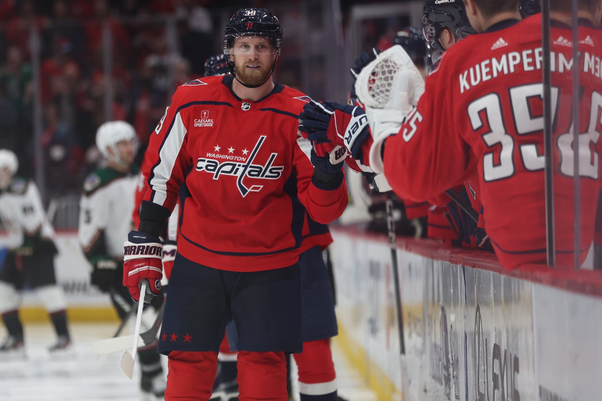 WASHINGTON, DC - MARCH 03: Anthony Mantha #39 of the Washington Capitals celebrates his goal against the Arizona Coyotes during the third period at Capital One Arena on March 03, 2024 in Washington, DC. (Photo by Patrick Smith/Getty Images)