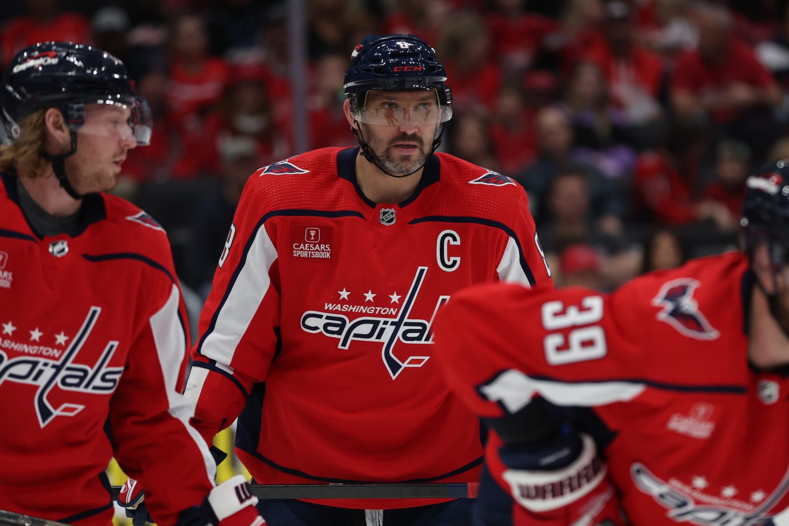 WASHINGTON, DC - MARCH 03: Alex Ovechkin #8 of the Washington Capitals reacts against the Arizona Coyotes at Capital One Arena on March 03, 2024 in Washington, DC. (Photo by Patrick Smith/Getty Images)