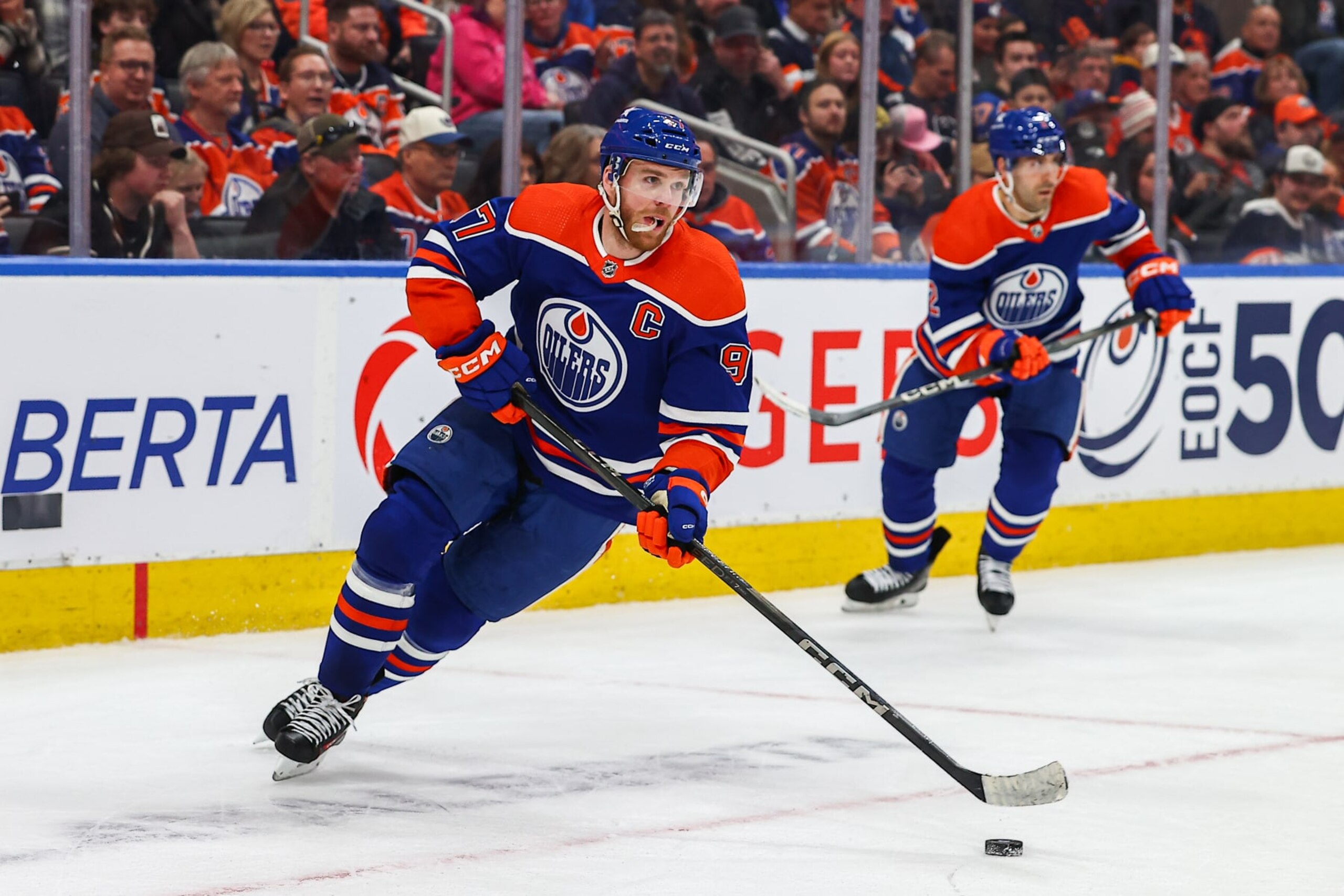 EDMONTON, AB - FEBRUARY 28: Edmonton Oilers Center Connor McDavid (97) skates up ice in the overtime period of the Edmonton Oilers game versus the St Louis Blues on February 28, 2024, at Rogers Place in Edmonton, AB. (Photo by Curtis Comeau/Icon Sportswire via Getty Images)