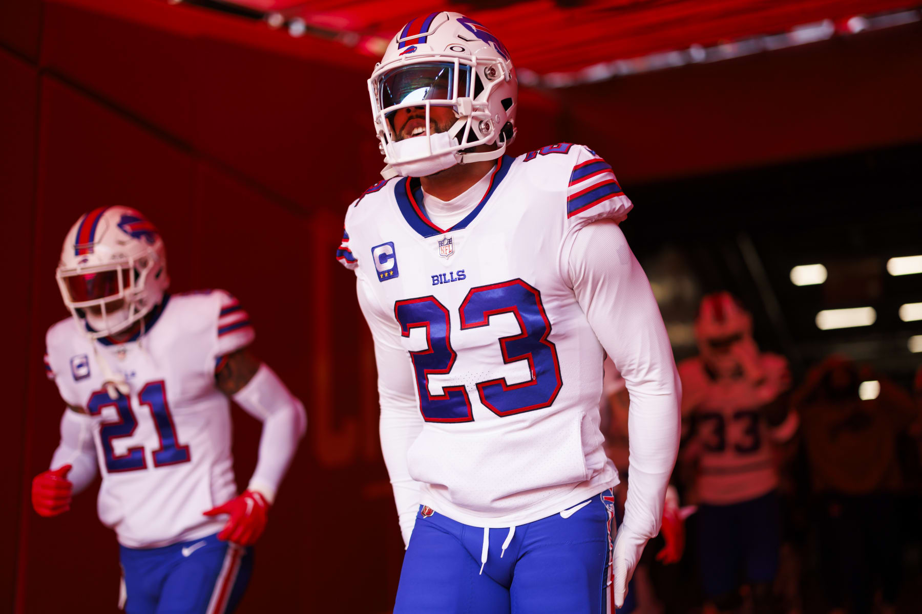 KANSAS CITY, MISSOURI - DECEMBER 10: Micah Hyde #23 of the Buffalo Bills runs onto the field through the locker room tunnel during pregame warmups before an NFL football game against the Kansas City Chiefs at GEHA Field at Arrowhead Stadium on December 10, 2023 in Kansas City, Missouri. (Photo by Ryan Kang/Getty Images)